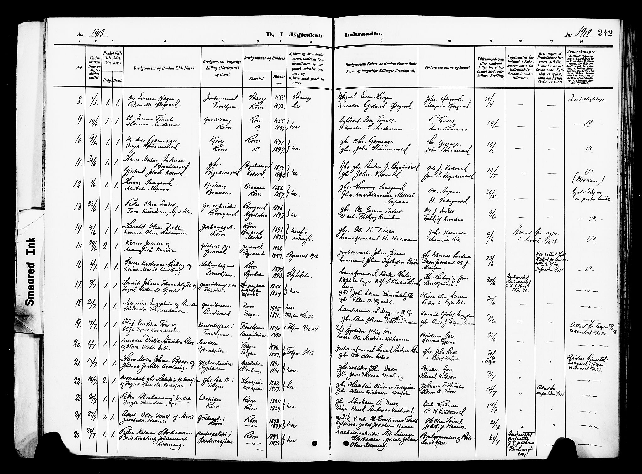 Ministerialprotokoller, klokkerbøker og fødselsregistre - Sør-Trøndelag, AV/SAT-A-1456/681/L0942: Klokkerbok nr. 681C06, 1906-1925, s. 242