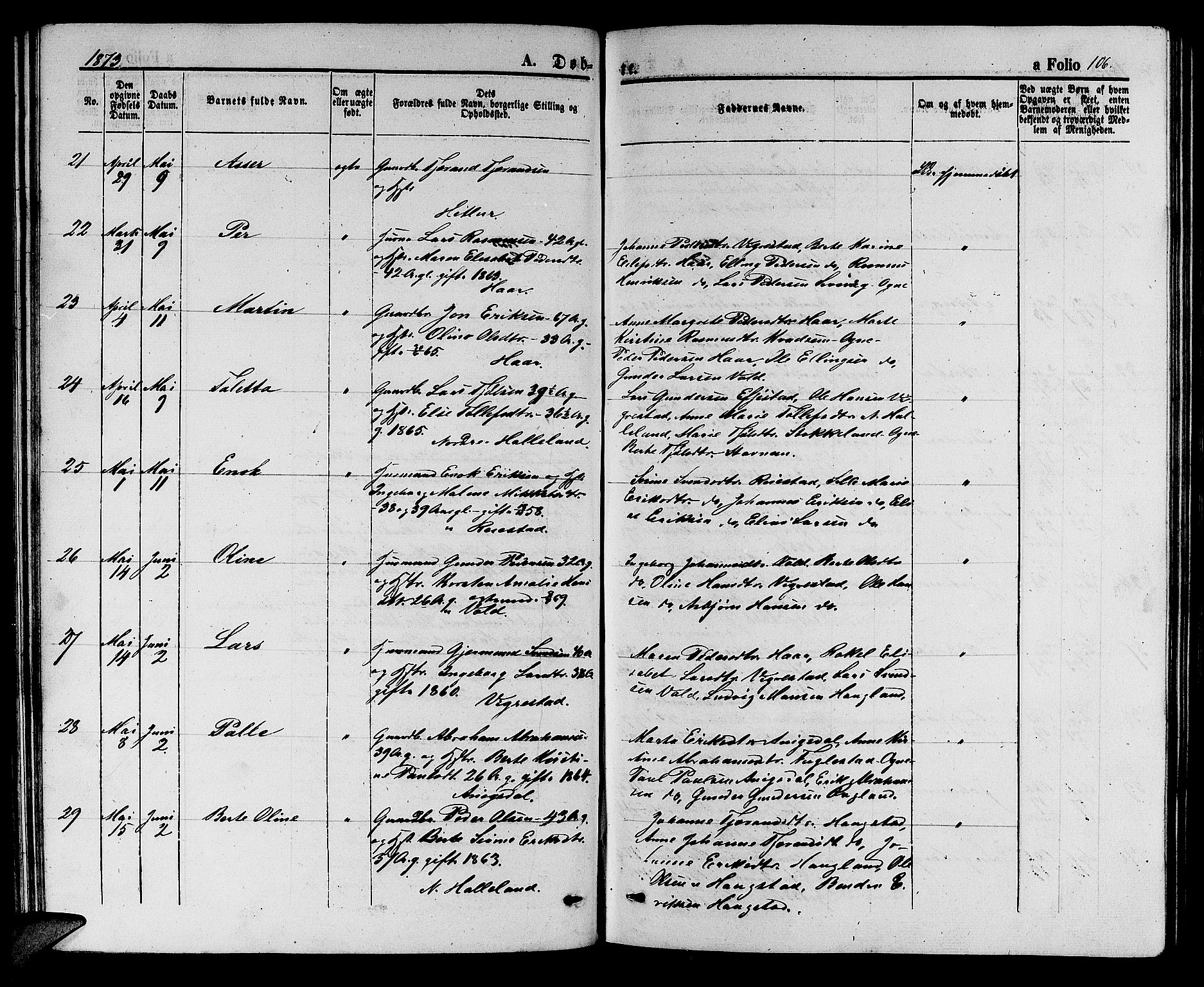 Hå sokneprestkontor, AV/SAST-A-101801/001/30BB/L0002: Klokkerbok nr. B 2, 1854-1883, s. 106