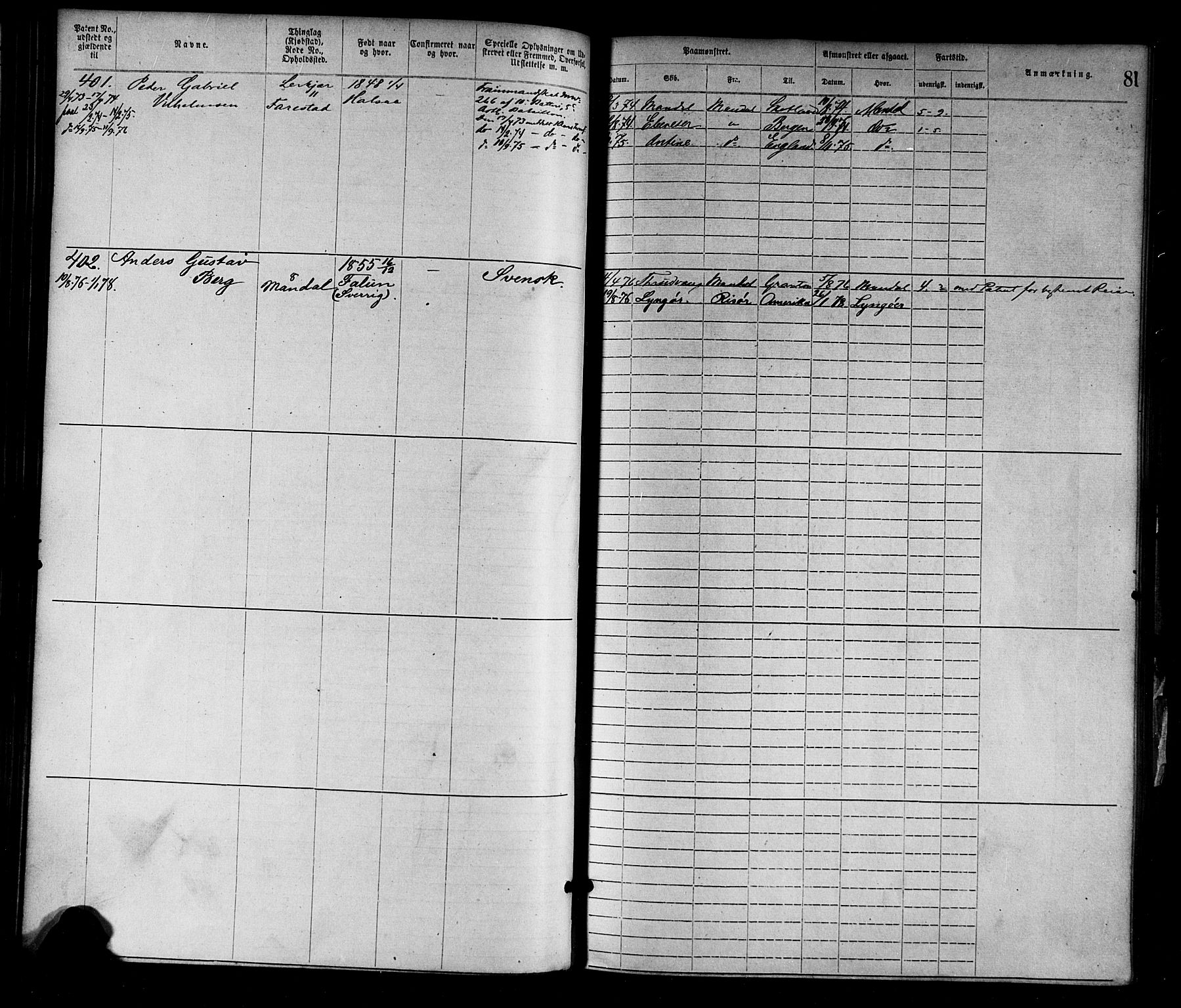 Mandal mønstringskrets, SAK/2031-0016/F/Fa/L0001: Annotasjonsrulle nr 1-1920 med register, L-3, 1869-1881, s. 109