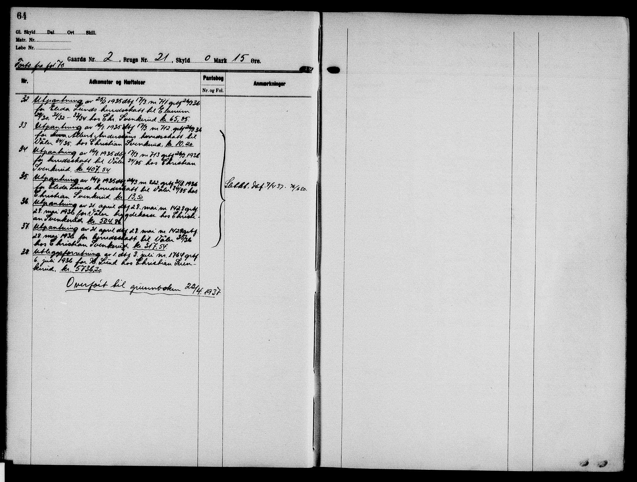 Solør tingrett, AV/SAH-TING-008/H/Ha/Hak/L0001: Panteregister nr. I, 1900-1935, s. 64