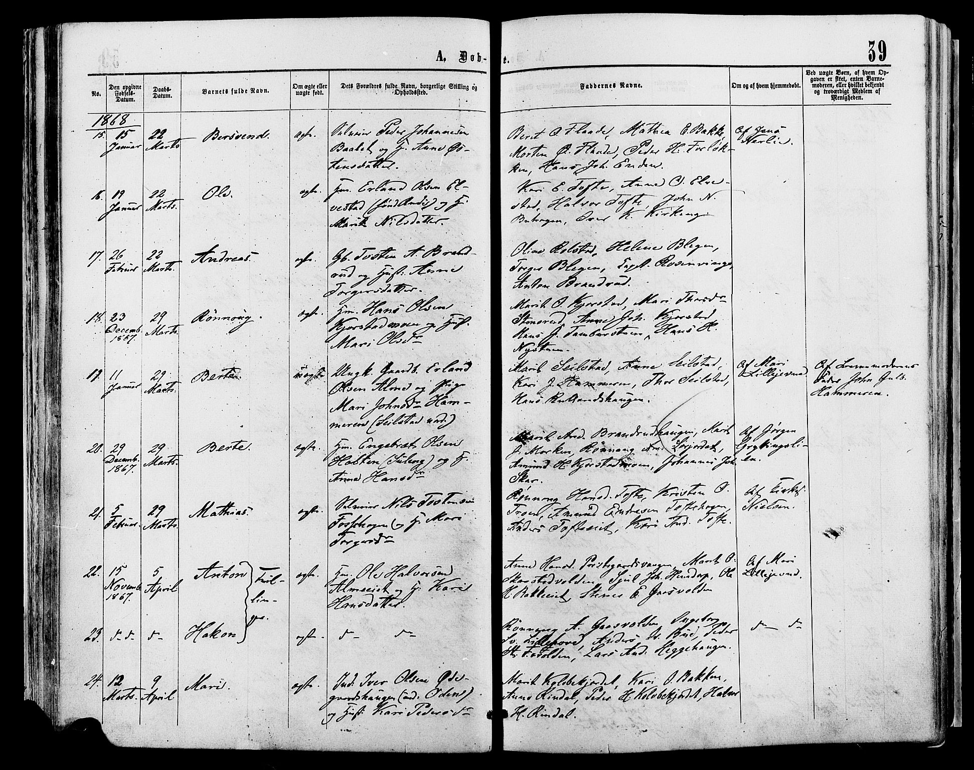 Sør-Fron prestekontor, AV/SAH-PREST-010/H/Ha/Haa/L0002: Ministerialbok nr. 2, 1864-1880, s. 39