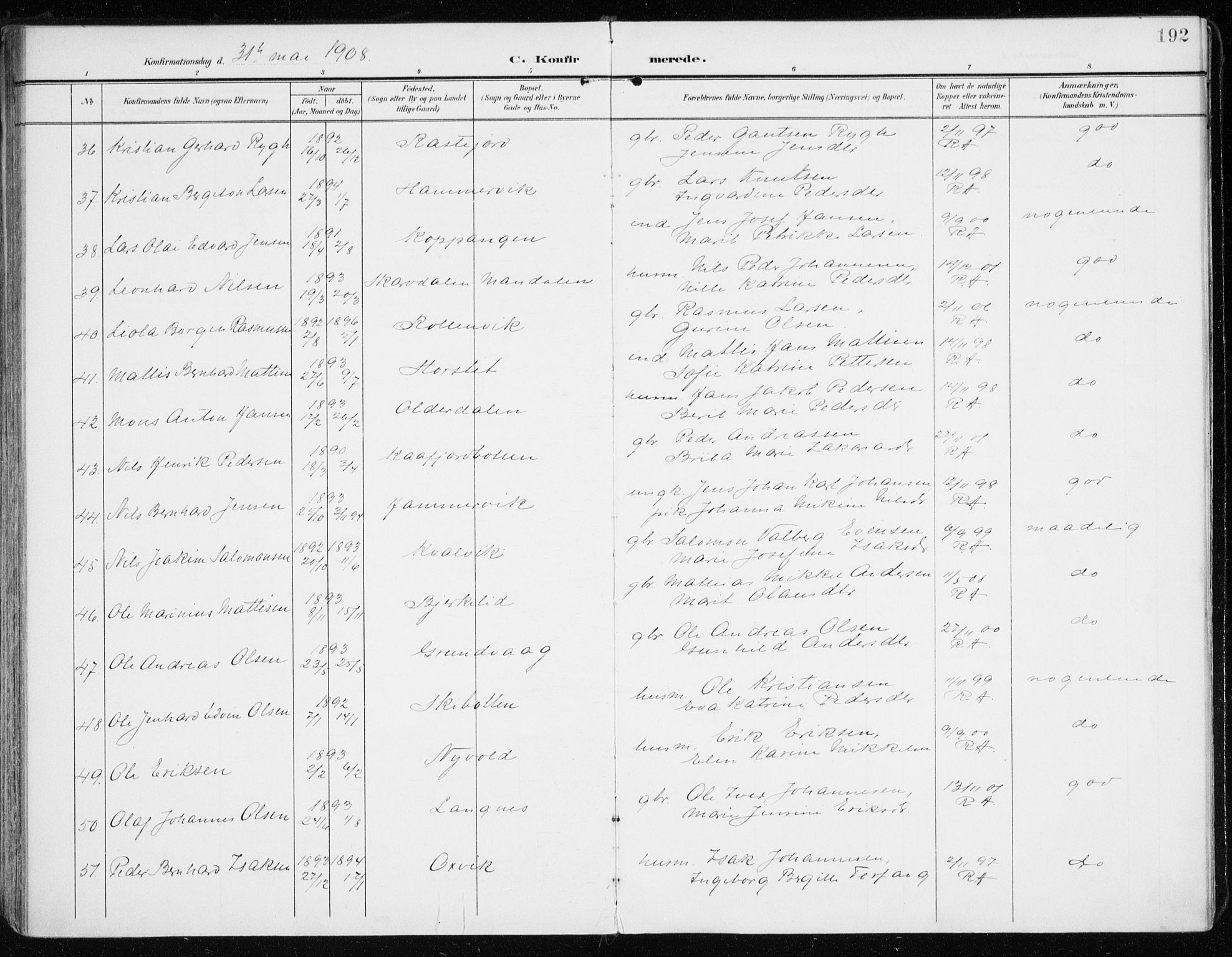 Lyngen sokneprestembete, AV/SATØ-S-1289/H/He/Hea/L0011kirke: Ministerialbok nr. 11, 1903-1913, s. 192