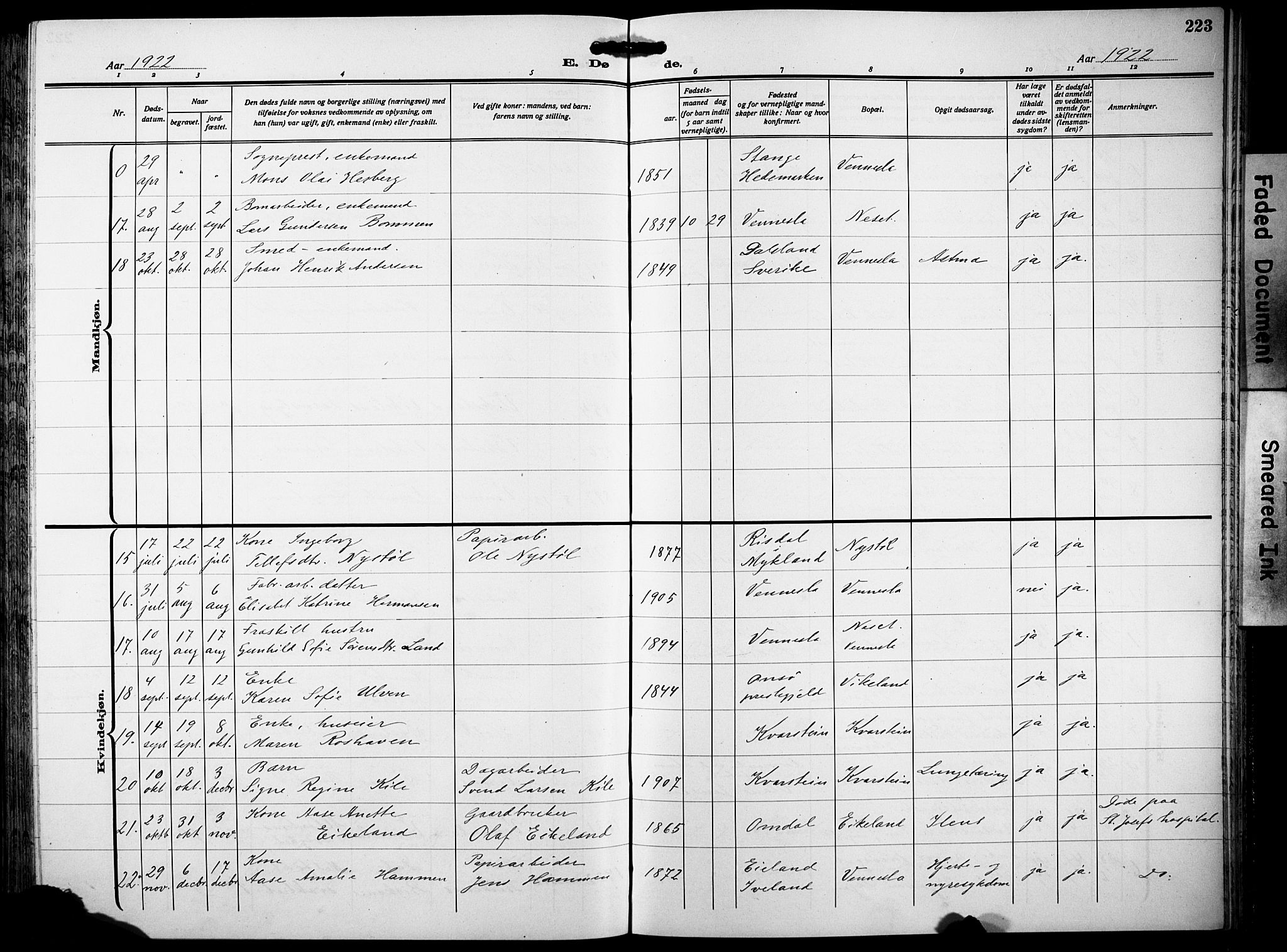 Vennesla sokneprestkontor, AV/SAK-1111-0045/Fb/Fbb/L0007: Klokkerbok nr. B 7, 1922-1933, s. 223