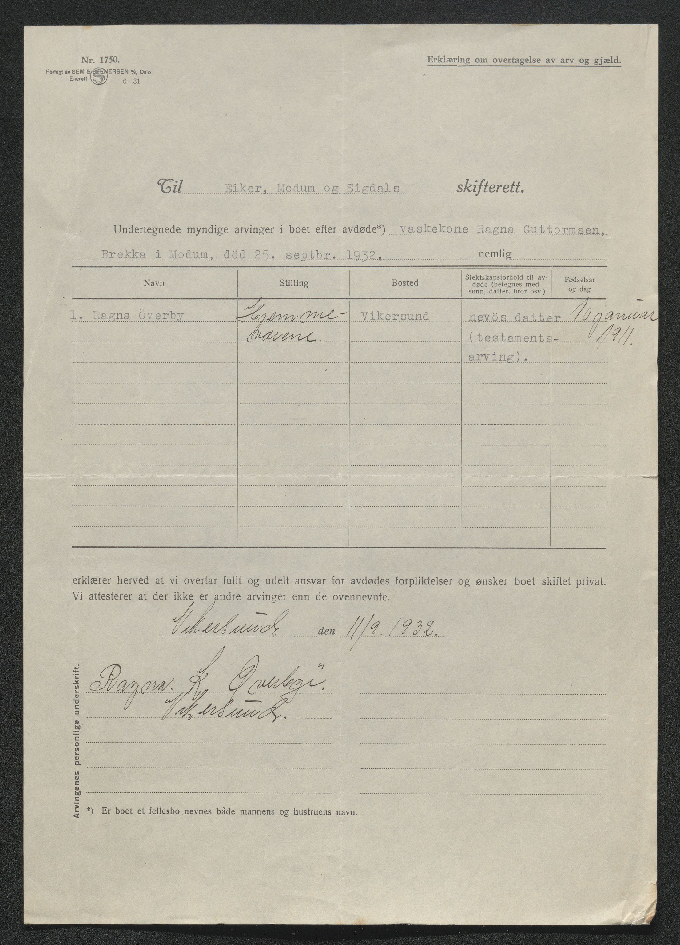 Eiker, Modum og Sigdal sorenskriveri, AV/SAKO-A-123/H/Ha/Hab/L0047: Dødsfallsmeldinger, 1932, s. 545