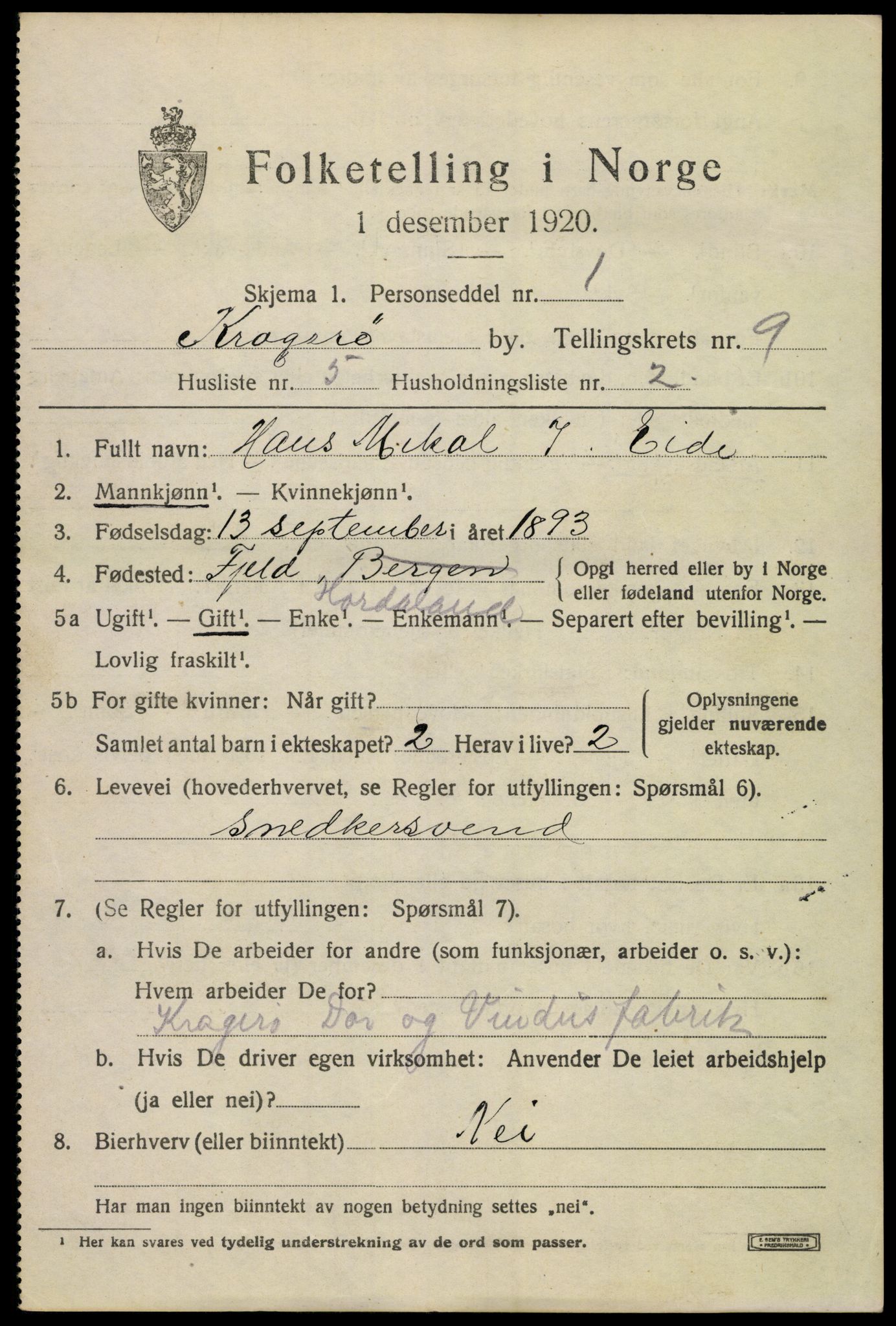 SAKO, Folketelling 1920 for 0801 Kragerø kjøpstad, 1920, s. 12001