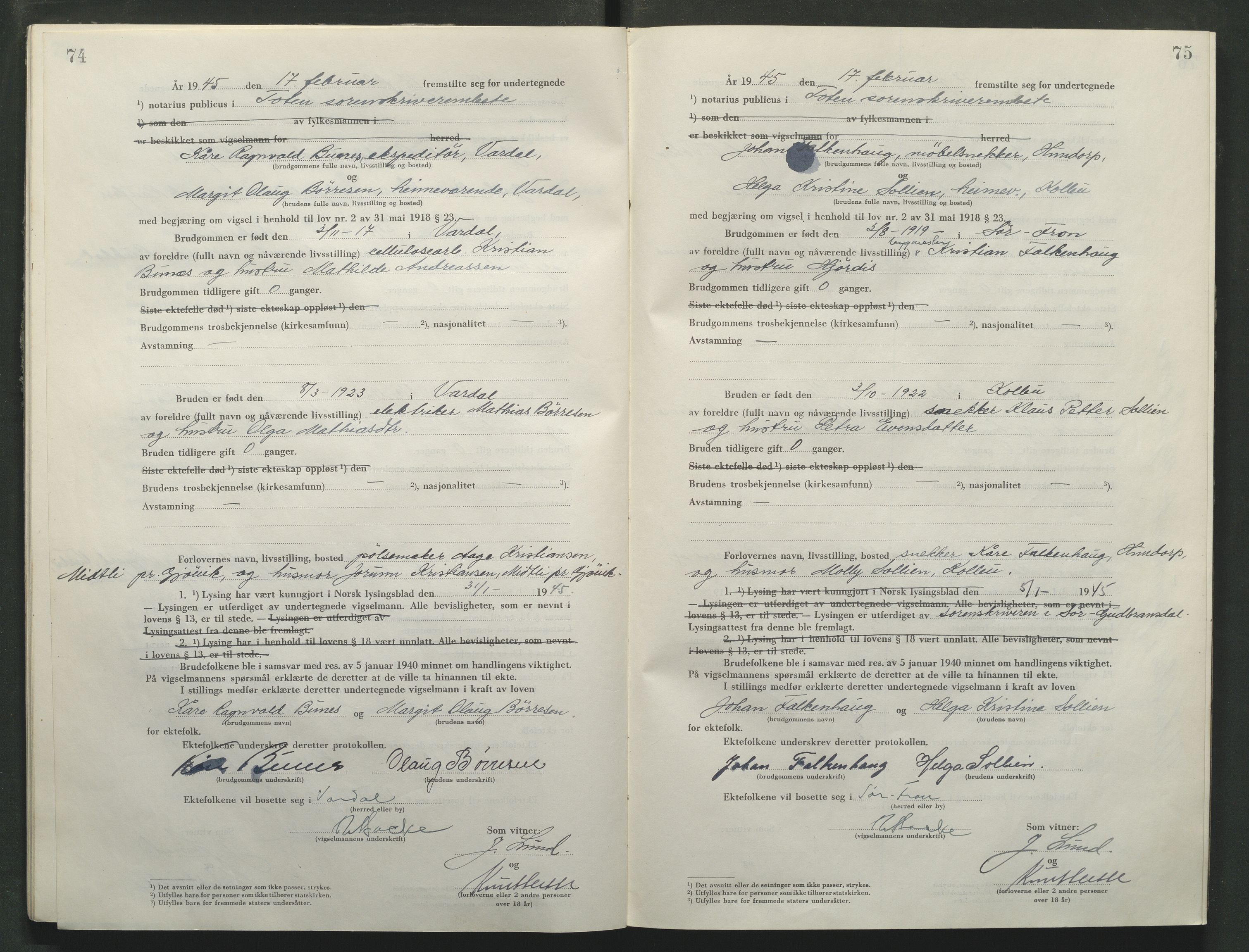 Toten tingrett, AV/SAH-TING-006/L/Lc/L0005: Vigselbok, 1944-1948, s. 74-75
