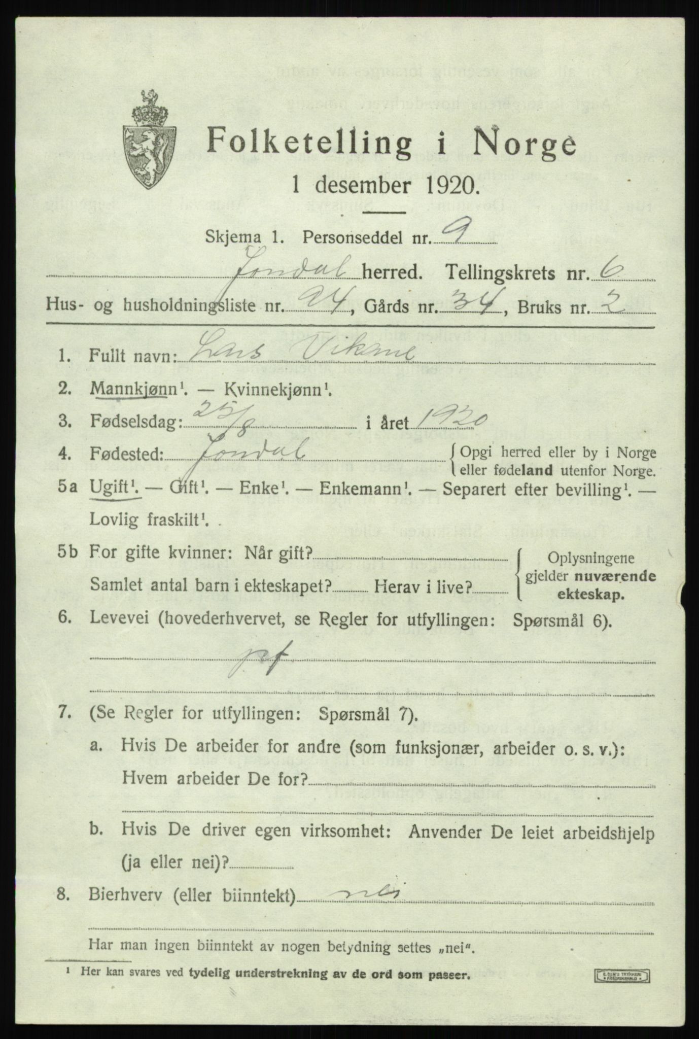 SAB, Folketelling 1920 for 1227 Jondal herred, 1920, s. 3748