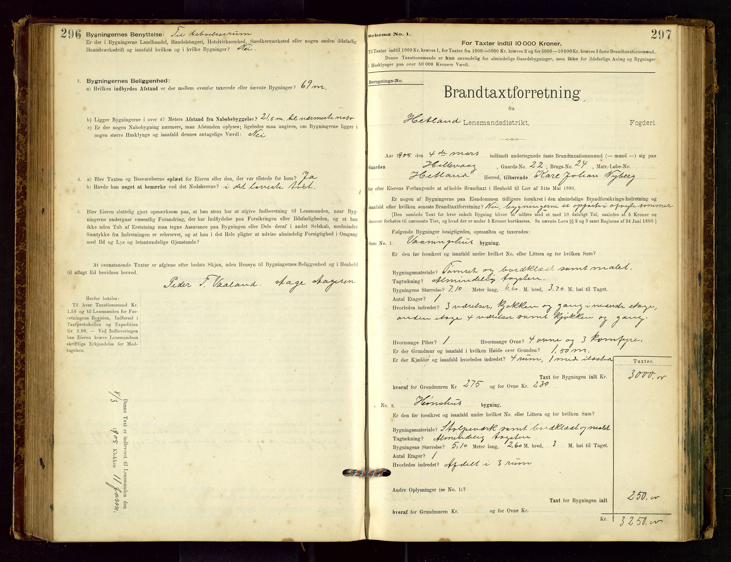 Hetland lensmannskontor, SAST/A-100101/Gob/L0001: "Brandtaxationsprotokol", 1895-1918, s. 296-297