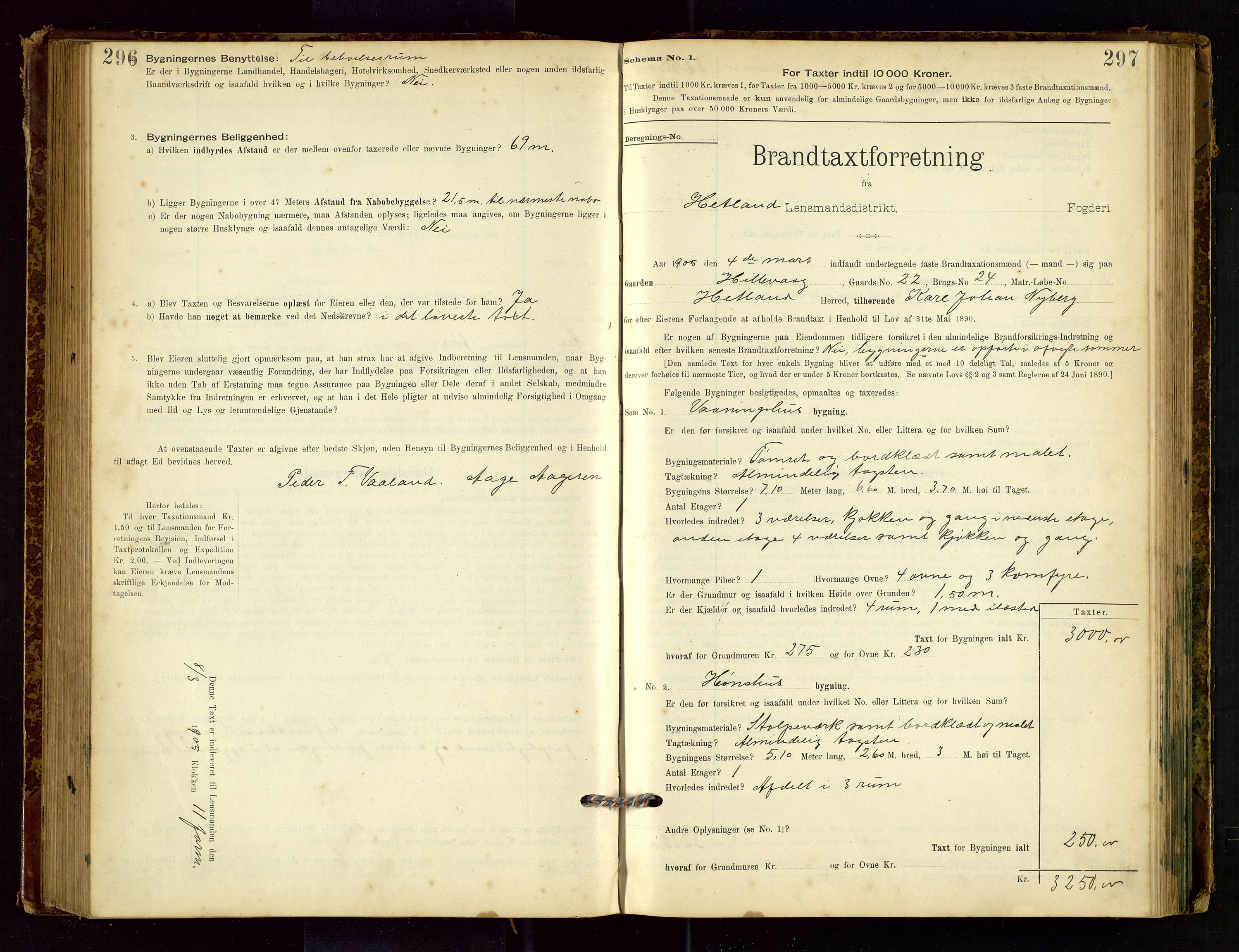 Hetland lensmannskontor, AV/SAST-A-100101/Gob/L0001: "Brandtaxationsprotokol", 1895-1918, s. 296-297
