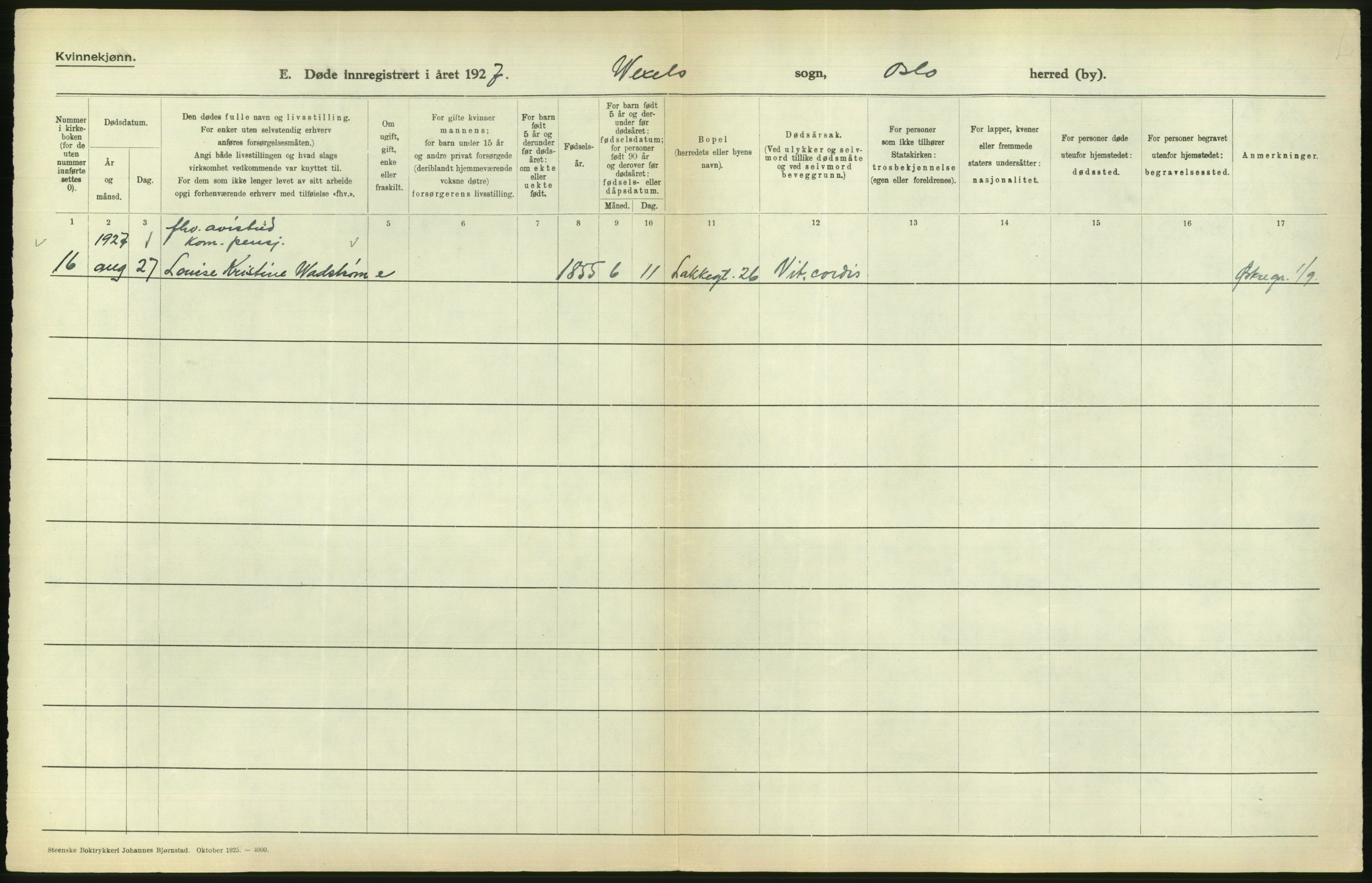 Statistisk sentralbyrå, Sosiodemografiske emner, Befolkning, AV/RA-S-2228/D/Df/Dfc/Dfcg/L0010: Oslo: Døde kvinner, dødfødte, 1927, s. 714