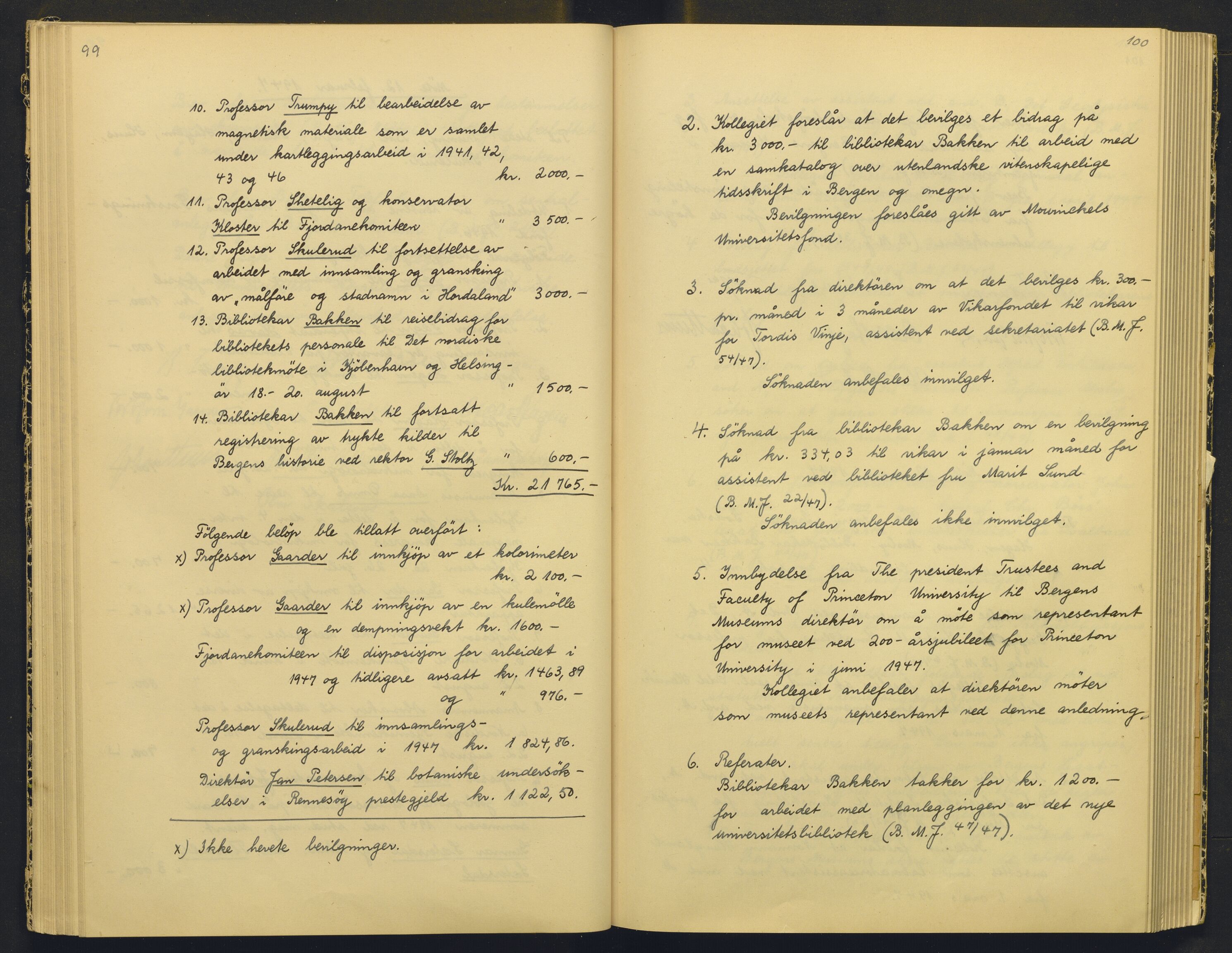 Bergens Museum, AV/SAB-A-17301/18/A/L0004: Professorkollegiets møtebok med register , 1945-1949, s. 99-100