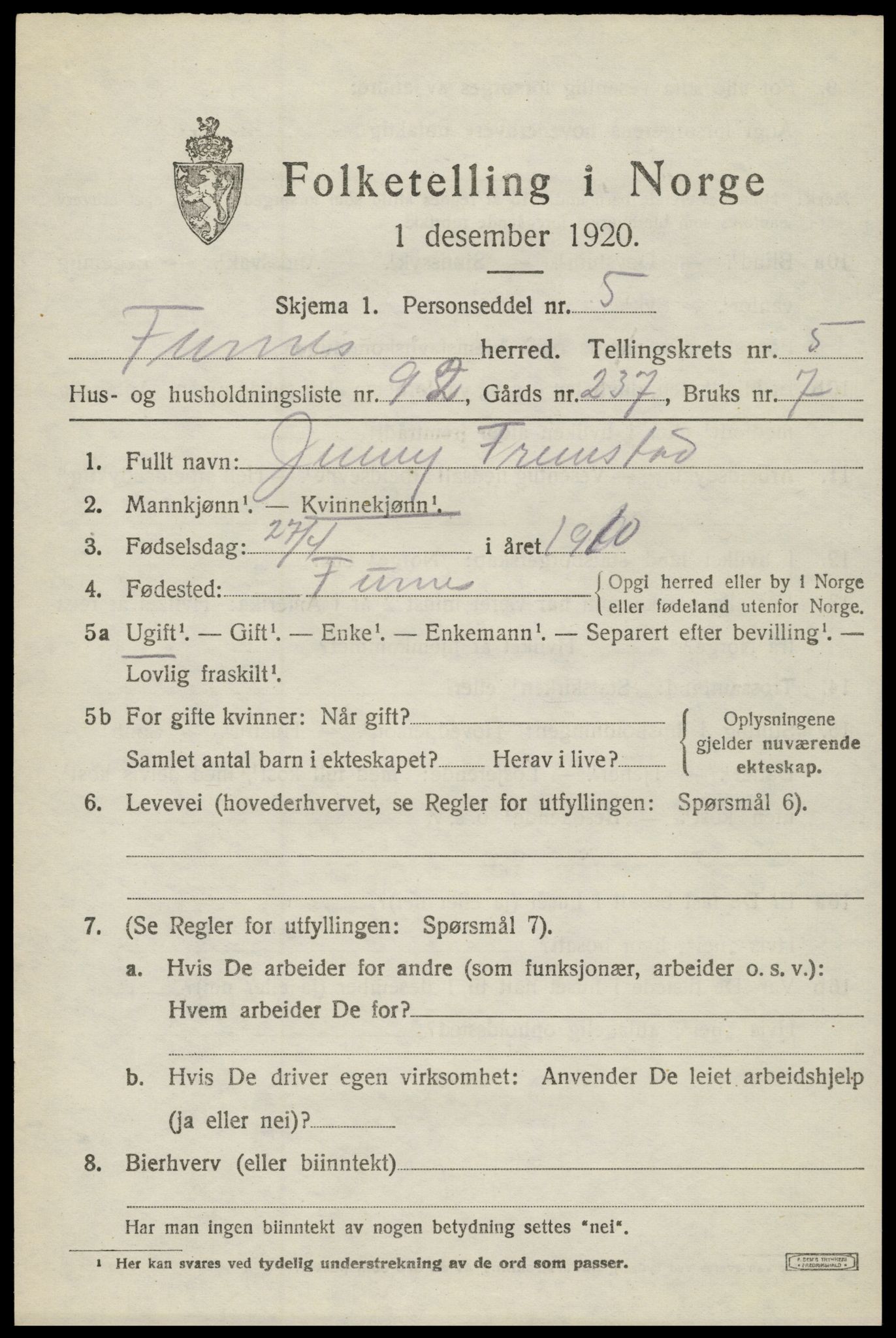 SAH, Folketelling 1920 for 0413 Furnes herred, 1920, s. 8173