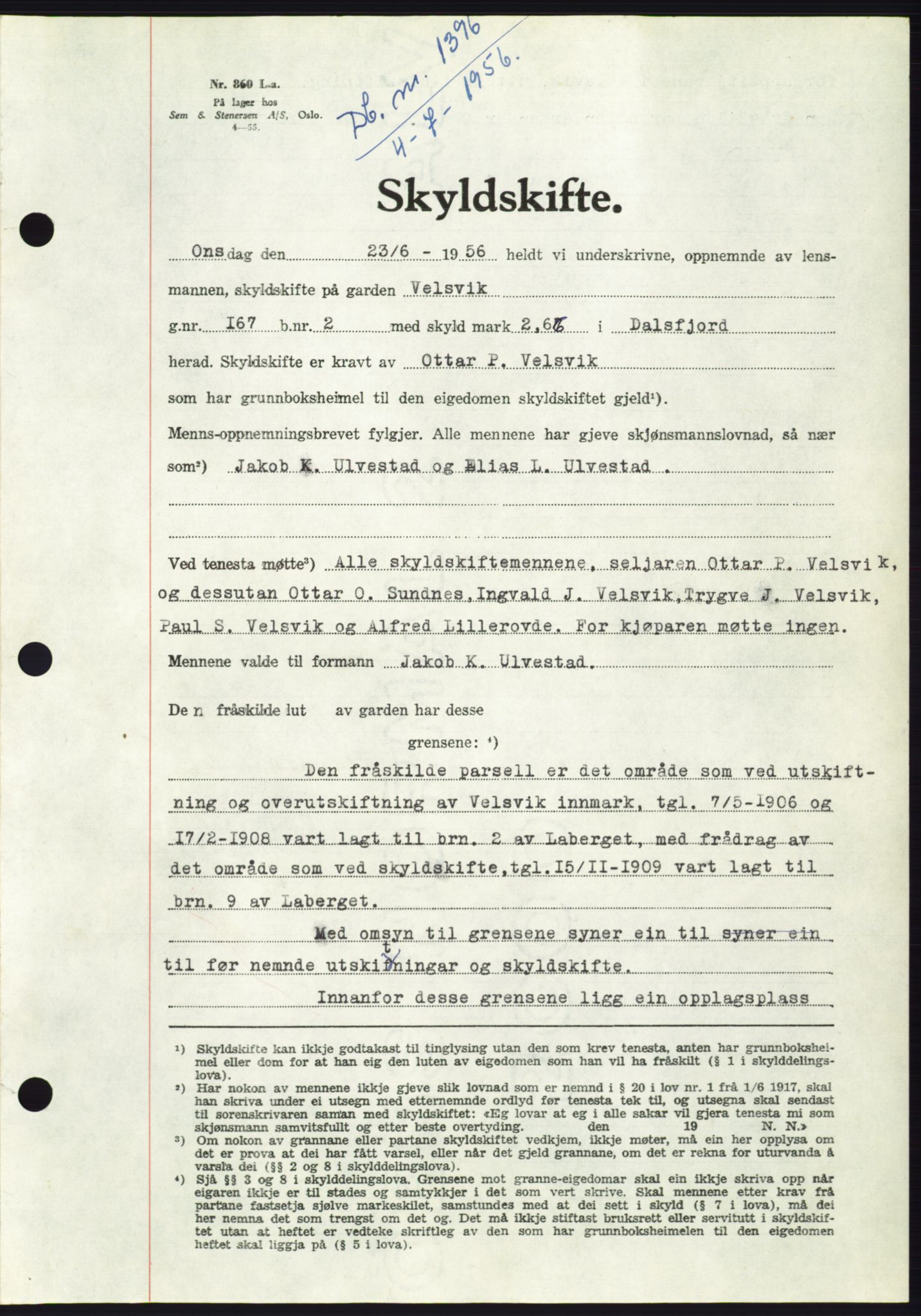 Søre Sunnmøre sorenskriveri, AV/SAT-A-4122/1/2/2C/L0104: Pantebok nr. 30A, 1956-1956, Dagboknr: 1396/1956