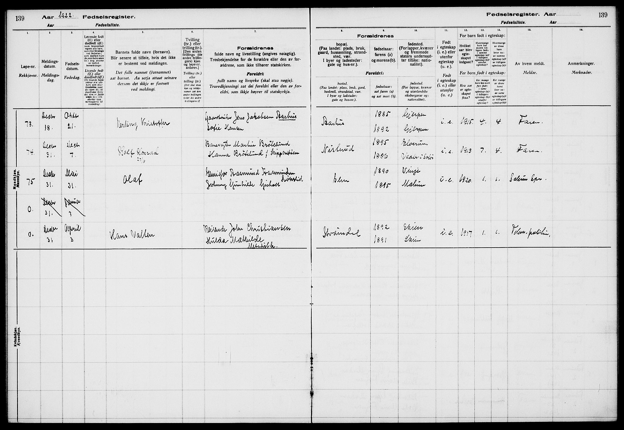 Gjerpen kirkebøker, SAKO/A-265/J/Ja/L0001: Fødselsregister nr. 1, 1916-1926, s. 139
