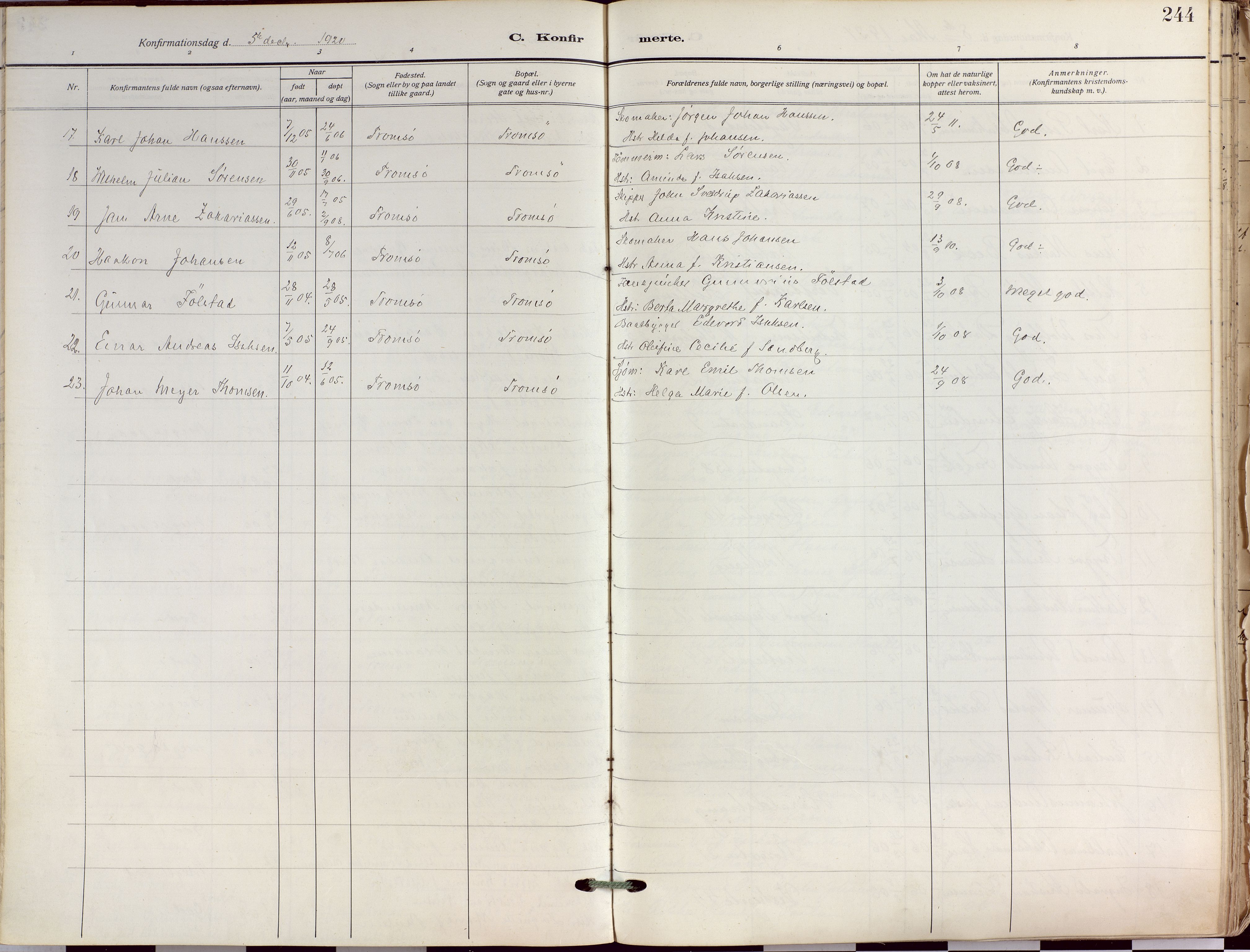Tromsø sokneprestkontor/stiftsprosti/domprosti, AV/SATØ-S-1343/G/Ga/L0019kirke: Ministerialbok nr. 19, 1917-1927, s. 244