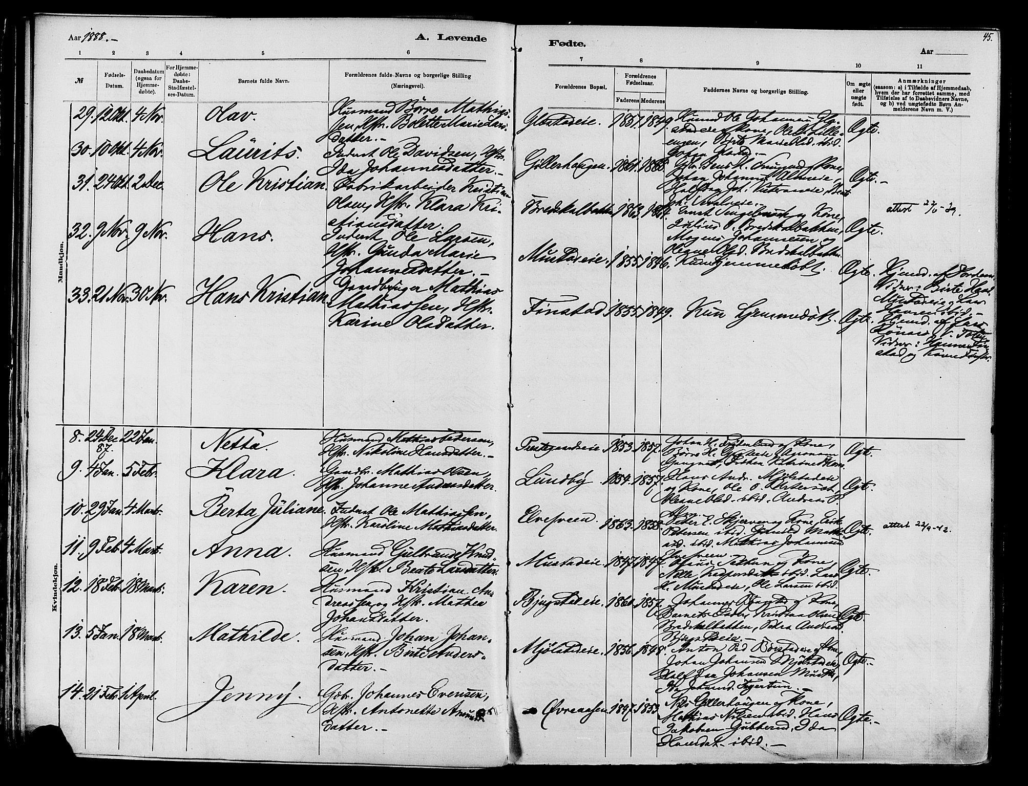 Vardal prestekontor, AV/SAH-PREST-100/H/Ha/Haa/L0010: Ministerialbok nr. 10, 1878-1893, s. 45
