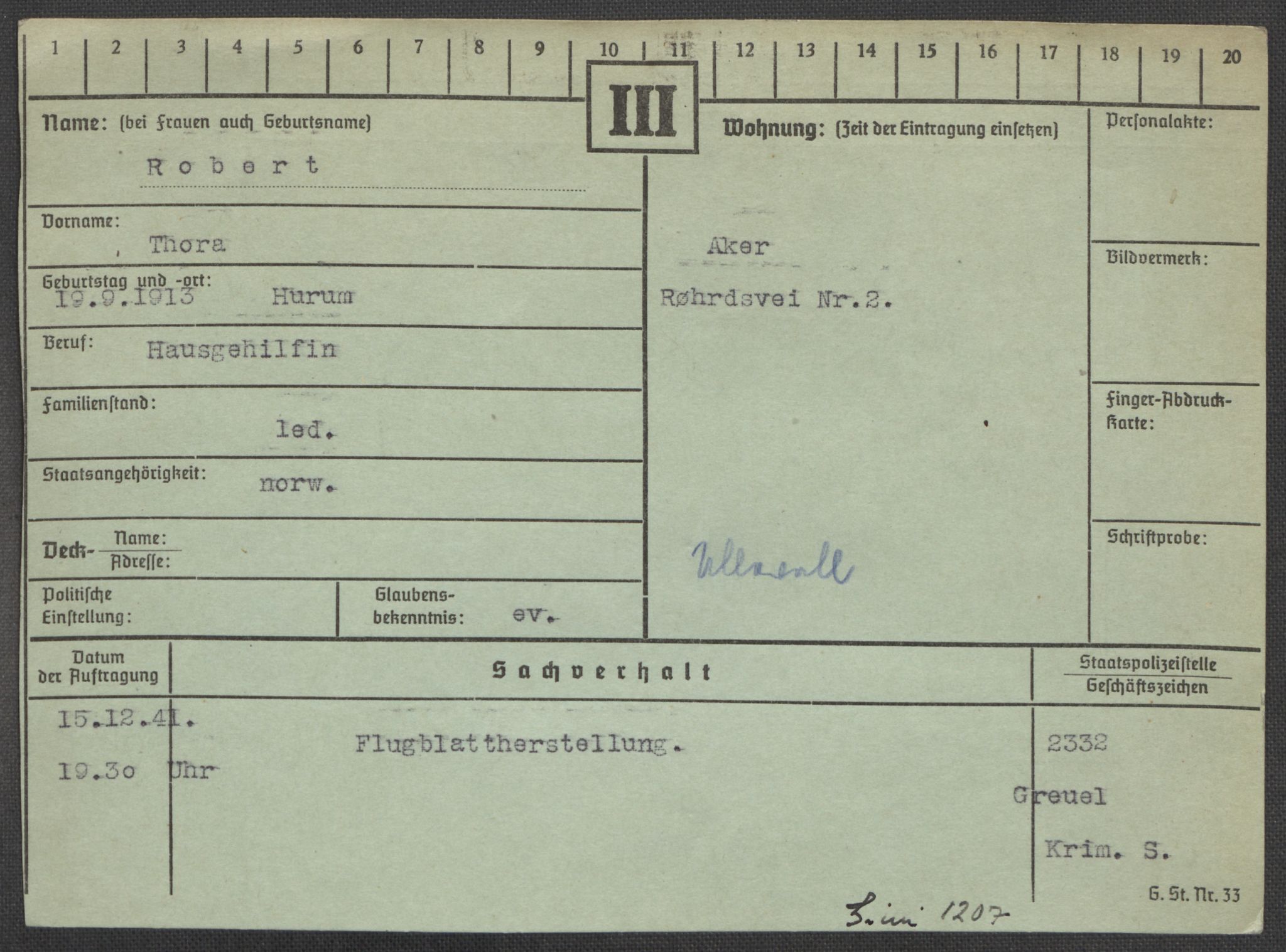 Befehlshaber der Sicherheitspolizei und des SD, RA/RAFA-5969/E/Ea/Eaa/L0008: Register over norske fanger i Møllergata 19: Oelze-Ru, 1940-1945, s. 1264
