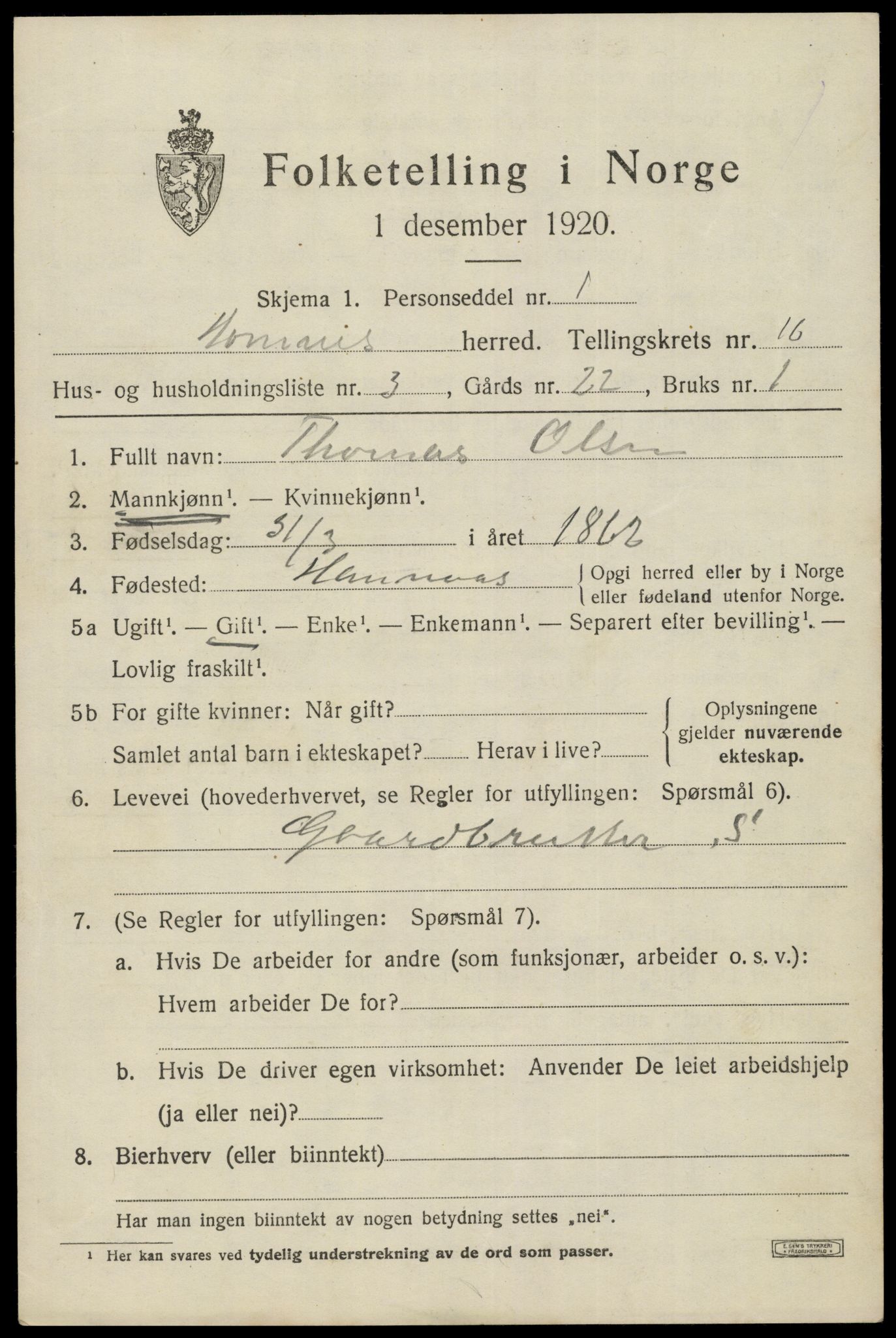SAK, Folketelling 1920 for 0936 Hornnes herred, 1920, s. 2523