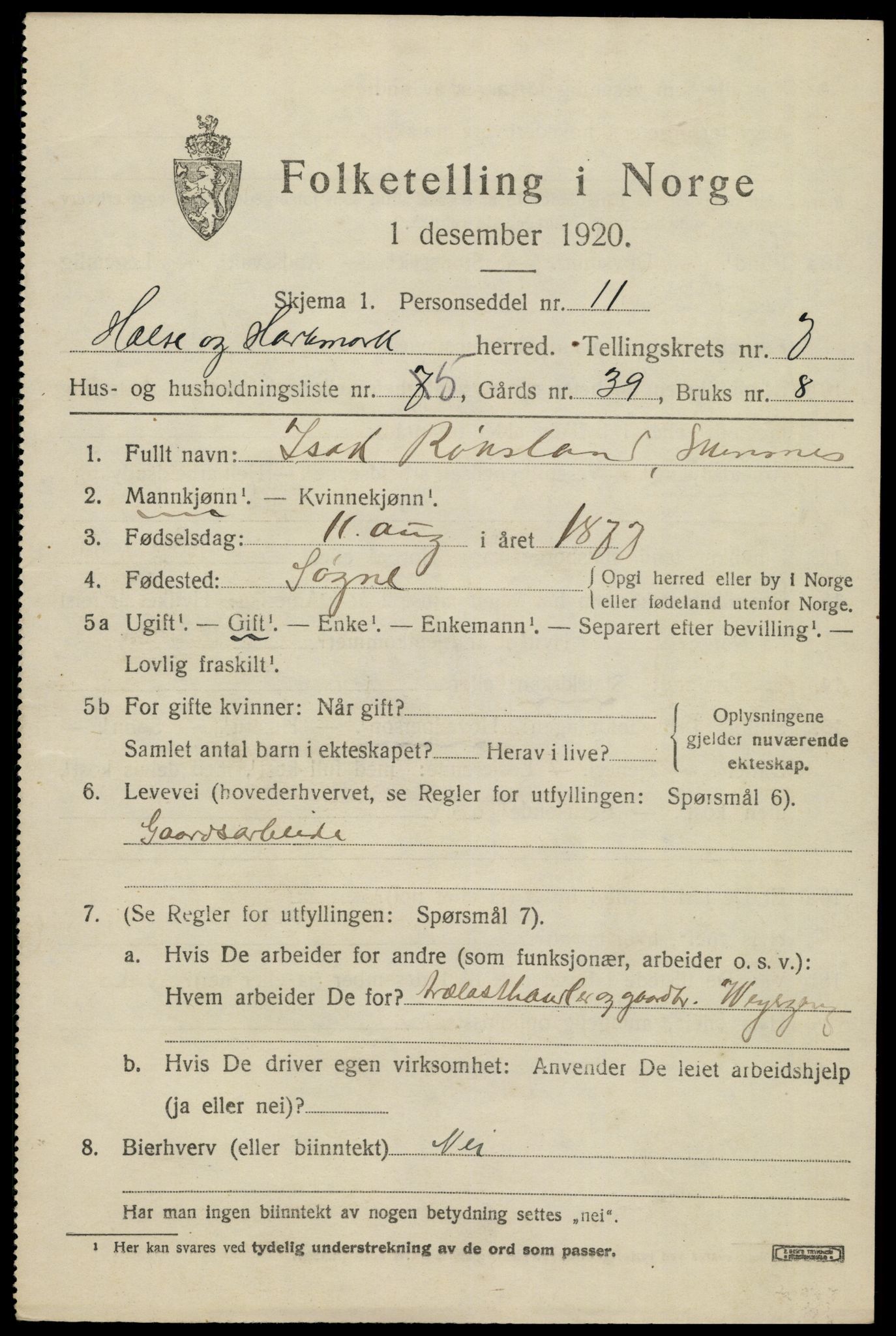 SAK, Folketelling 1920 for 1019 Halse og Harkmark herred, 1920, s. 3765