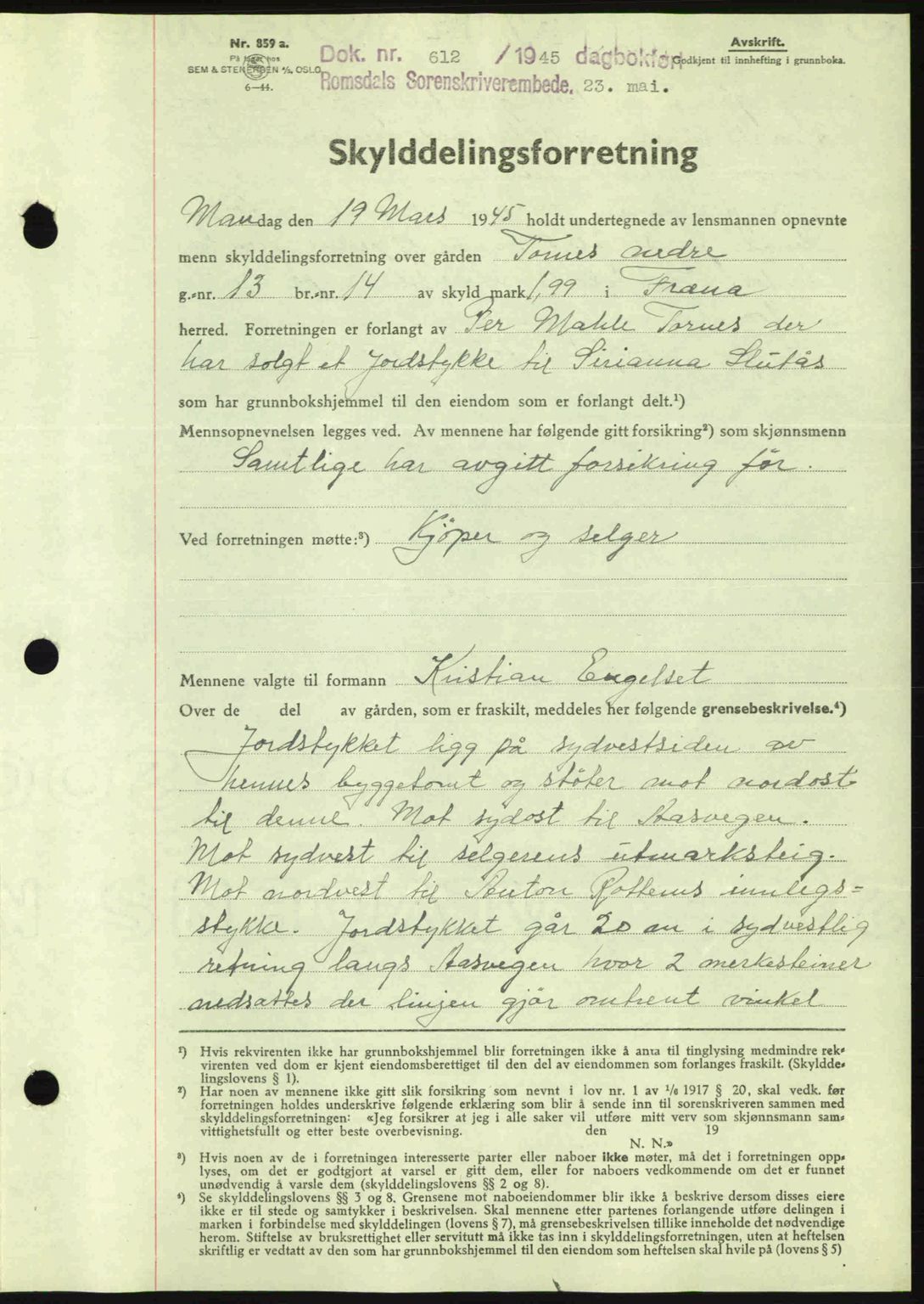 Romsdal sorenskriveri, SAT/A-4149/1/2/2C: Pantebok nr. A17, 1944-1945, Dagboknr: 612/1945