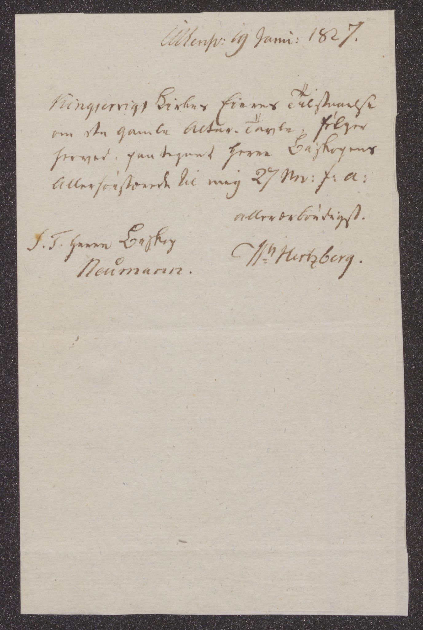 Bergens Museum, UMB/A007/D/Da/L0002/0001: Innkommende brev 1827 / Innkommende brev 1827, 1827