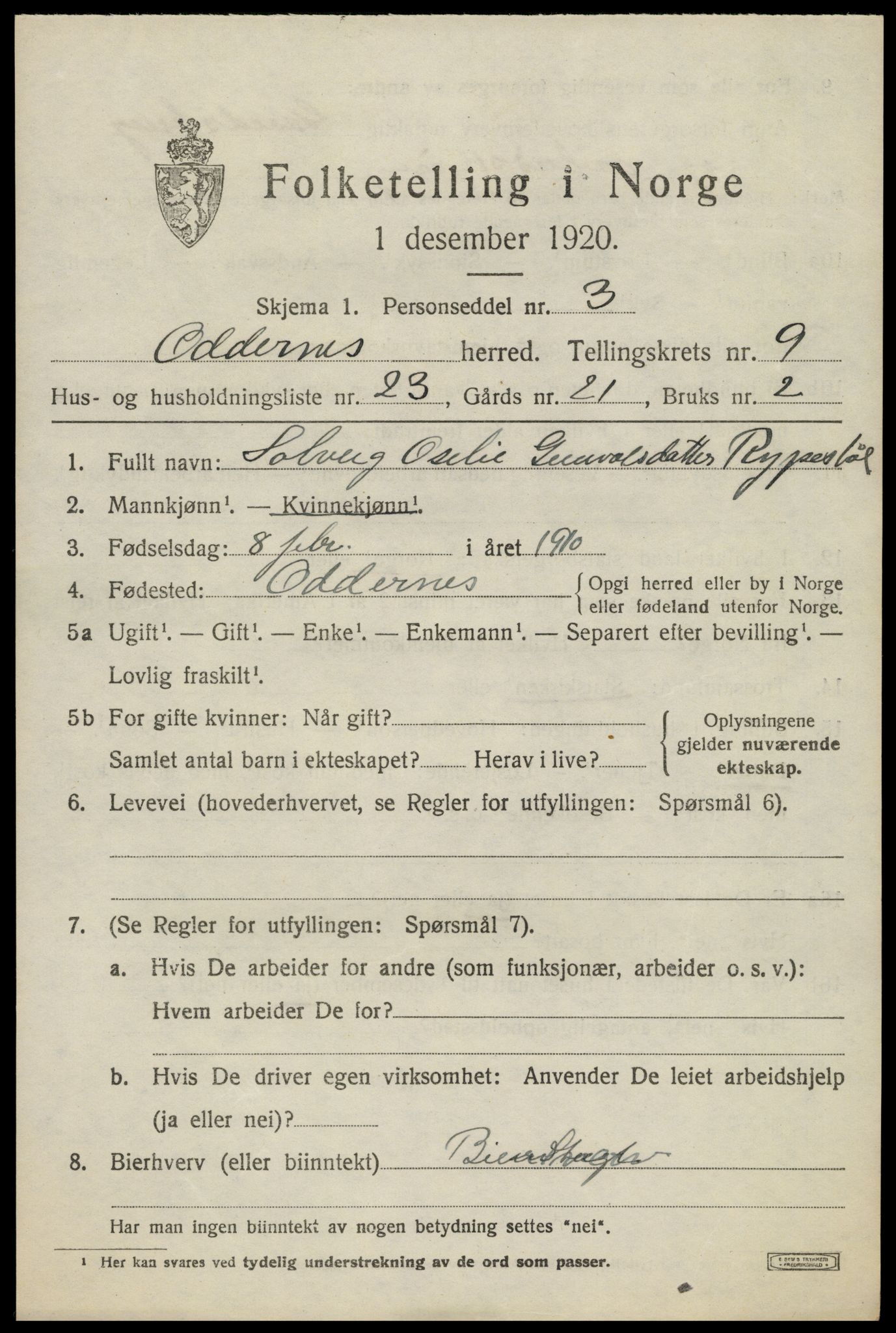 SAK, Folketelling 1920 for 1012 Oddernes herred, 1920, s. 6289