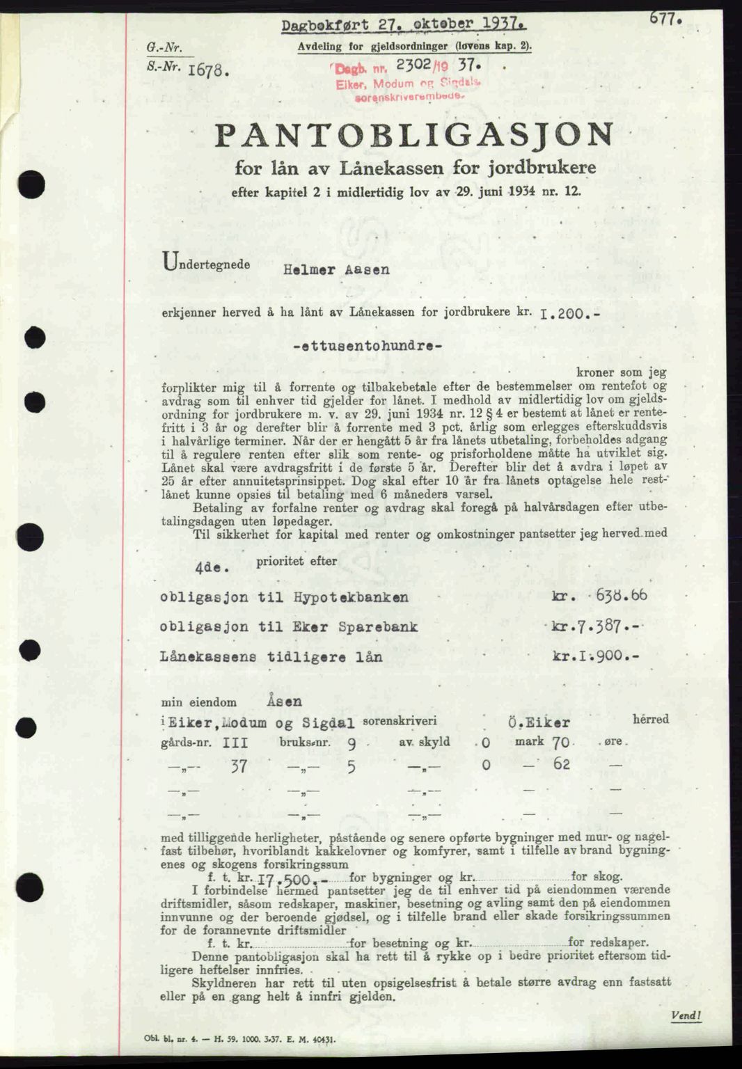 Eiker, Modum og Sigdal sorenskriveri, SAKO/A-123/G/Ga/Gab/L0036: Pantebok nr. A6, 1937-1937, Dagboknr: 2302/1937