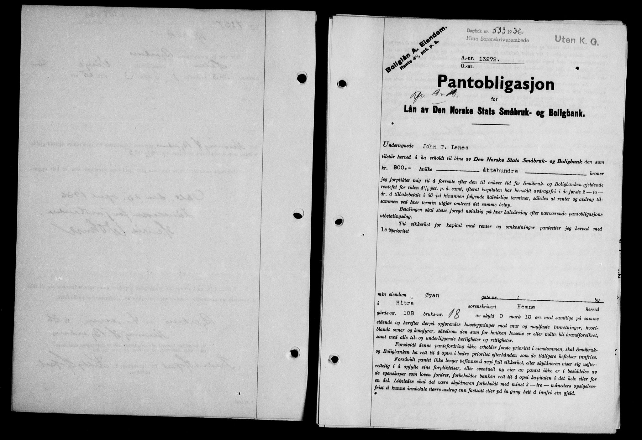 Hitra sorenskriveri, AV/SAT-A-0018/2/2C/2Ca/L0028: Pantebok nr. B-1, 1936-1939, Dagboknr: 533/1936