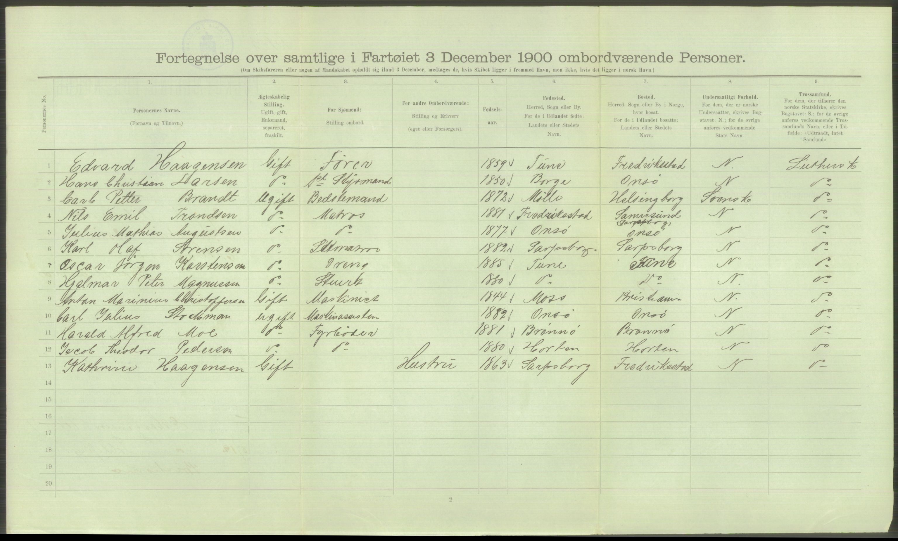 RA, Folketelling 1900 - skipslister med personlister for skip i norske havner, utenlandske havner og til havs, 1900, s. 166