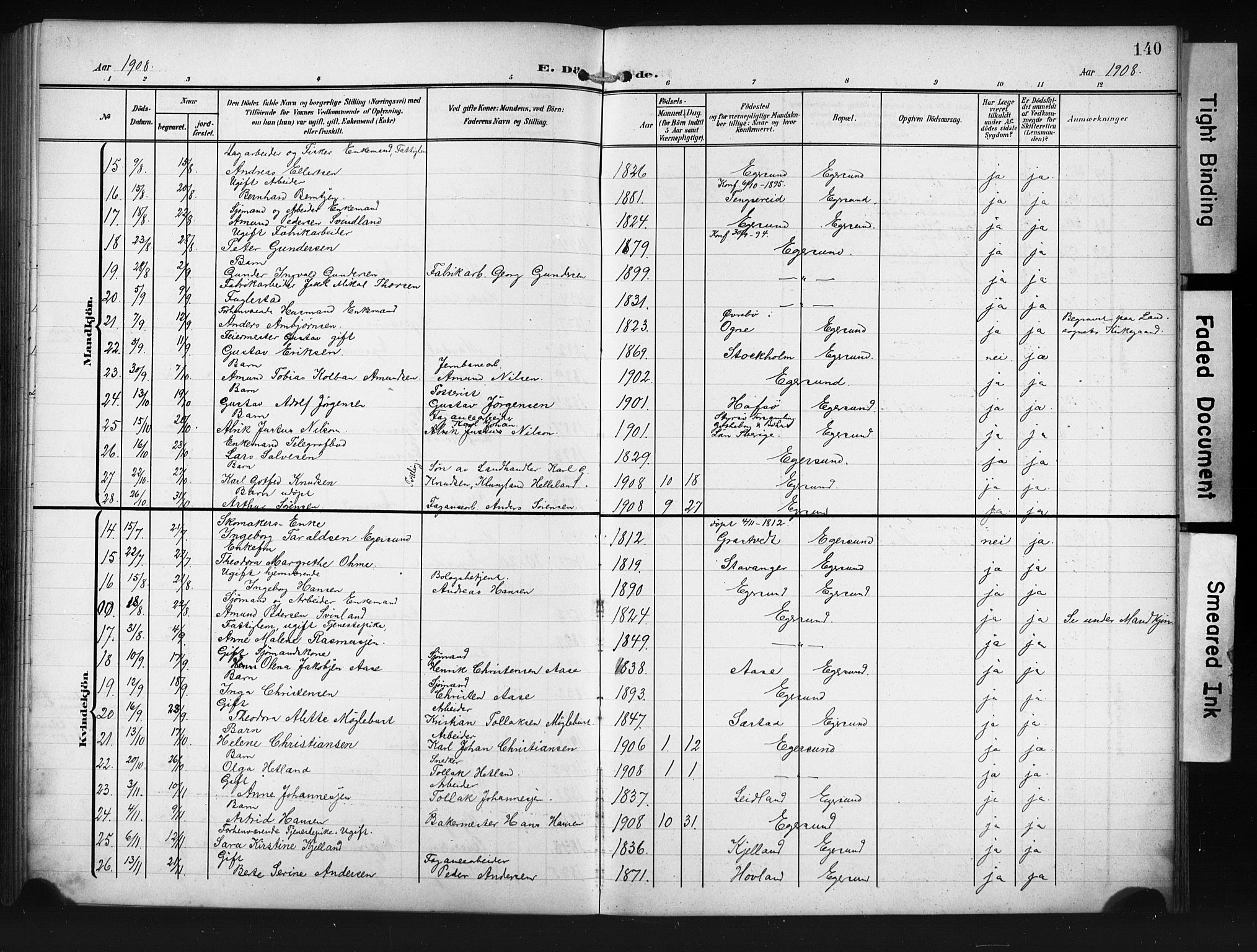 Eigersund sokneprestkontor, AV/SAST-A-101807/S09/L0012: Klokkerbok nr. B 12, 1908-1930, s. 140