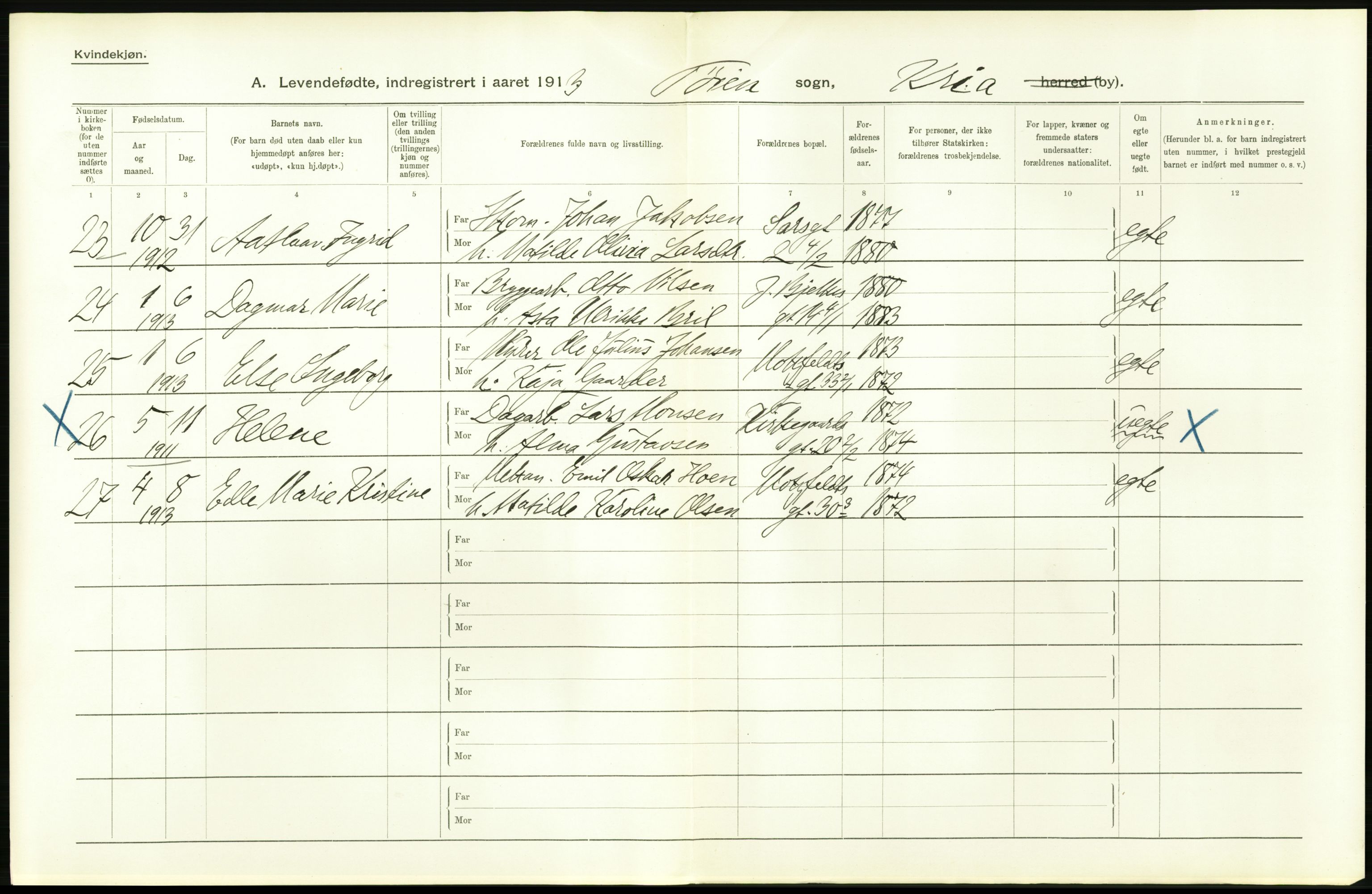 Statistisk sentralbyrå, Sosiodemografiske emner, Befolkning, AV/RA-S-2228/D/Df/Dfb/Dfbc/L0007: Kristiania: Levendefødte menn og kvinner., 1913, s. 592