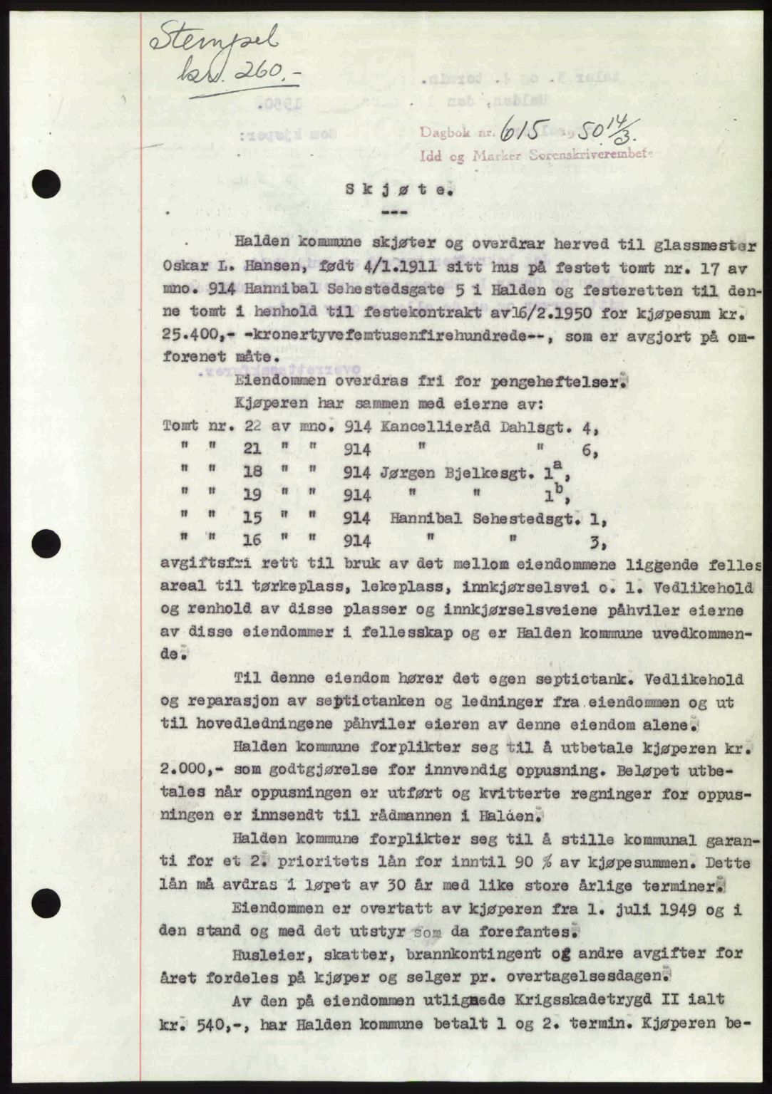 Idd og Marker sorenskriveri, AV/SAO-A-10283/G/Gb/Gbb/L0014: Pantebok nr. A14, 1950-1950, Dagboknr: 615/1950