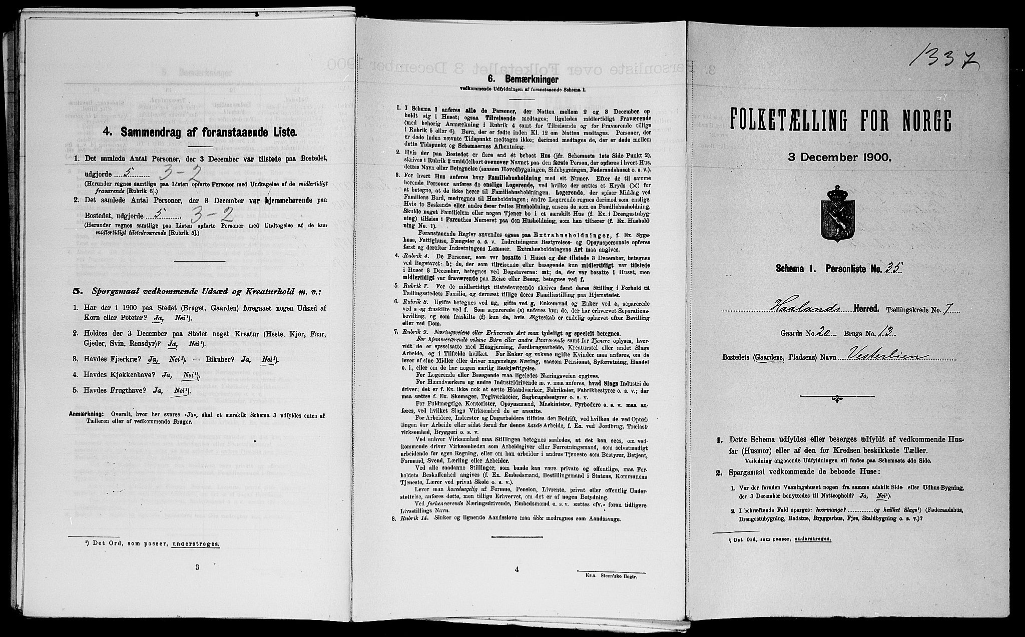 SAST, Folketelling 1900 for 1124 Haaland herred, 1900, s. 1124