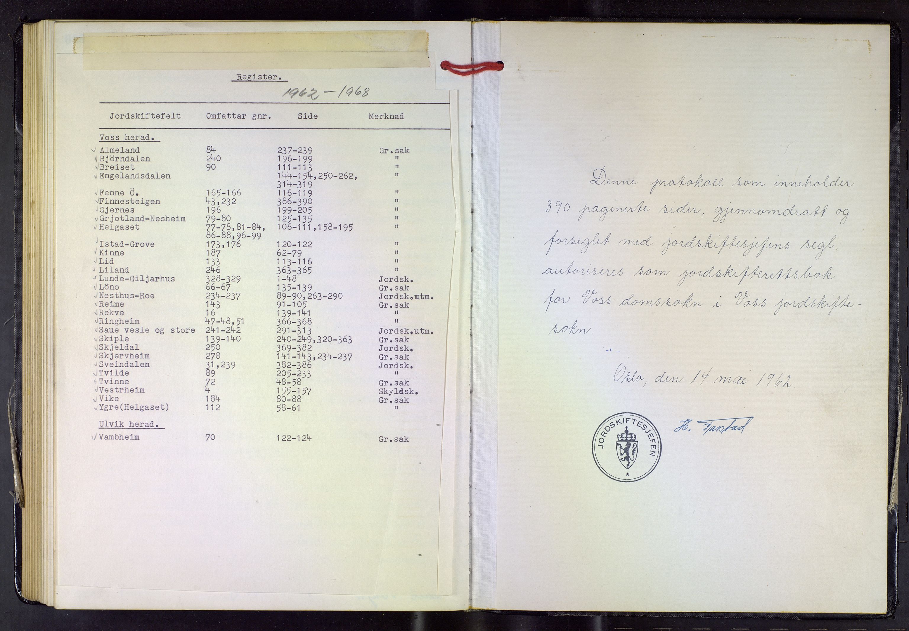 Hordaland jordskiftedøme - V Voss jordskiftedistrikt, AV/SAB-A-7201/A/Aa/L0041: Forhandlingsprotokoll, 1962-1968