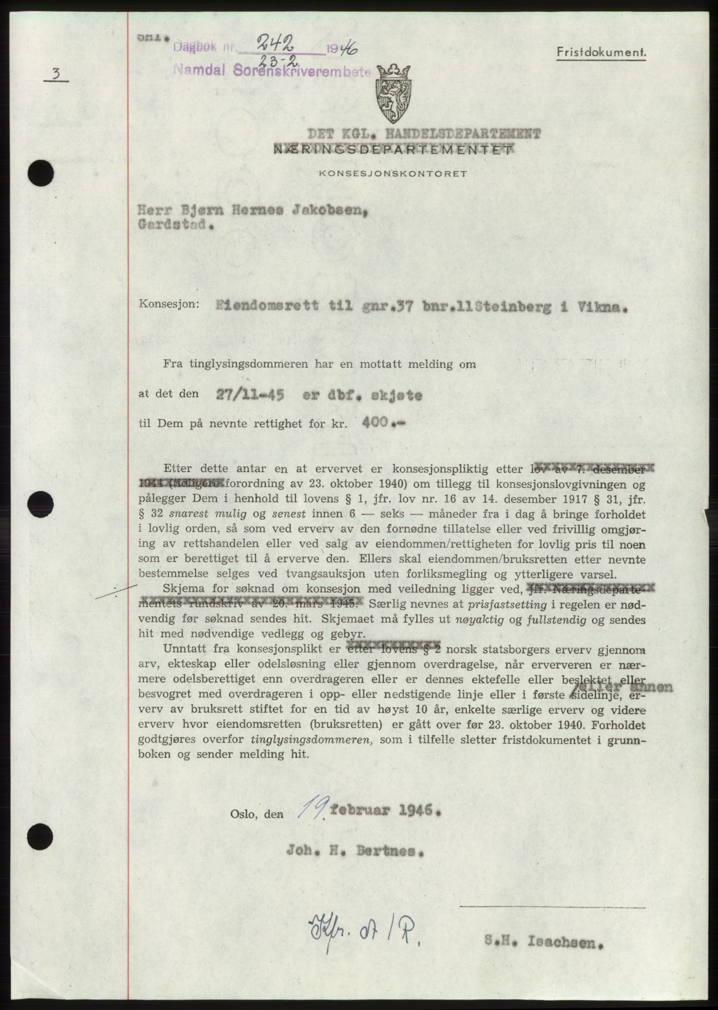 Namdal sorenskriveri, SAT/A-4133/1/2/2C: Pantebok nr. -, 1946-1946, Dagboknr: 242/1946