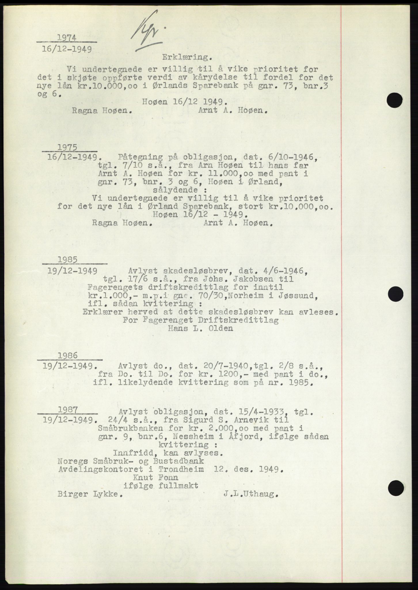 Fosen sorenskriveri, AV/SAT-A-1107/1/2/2C: Pantebok nr. B3, 1948-1950, Dagboknr: 1974/1949