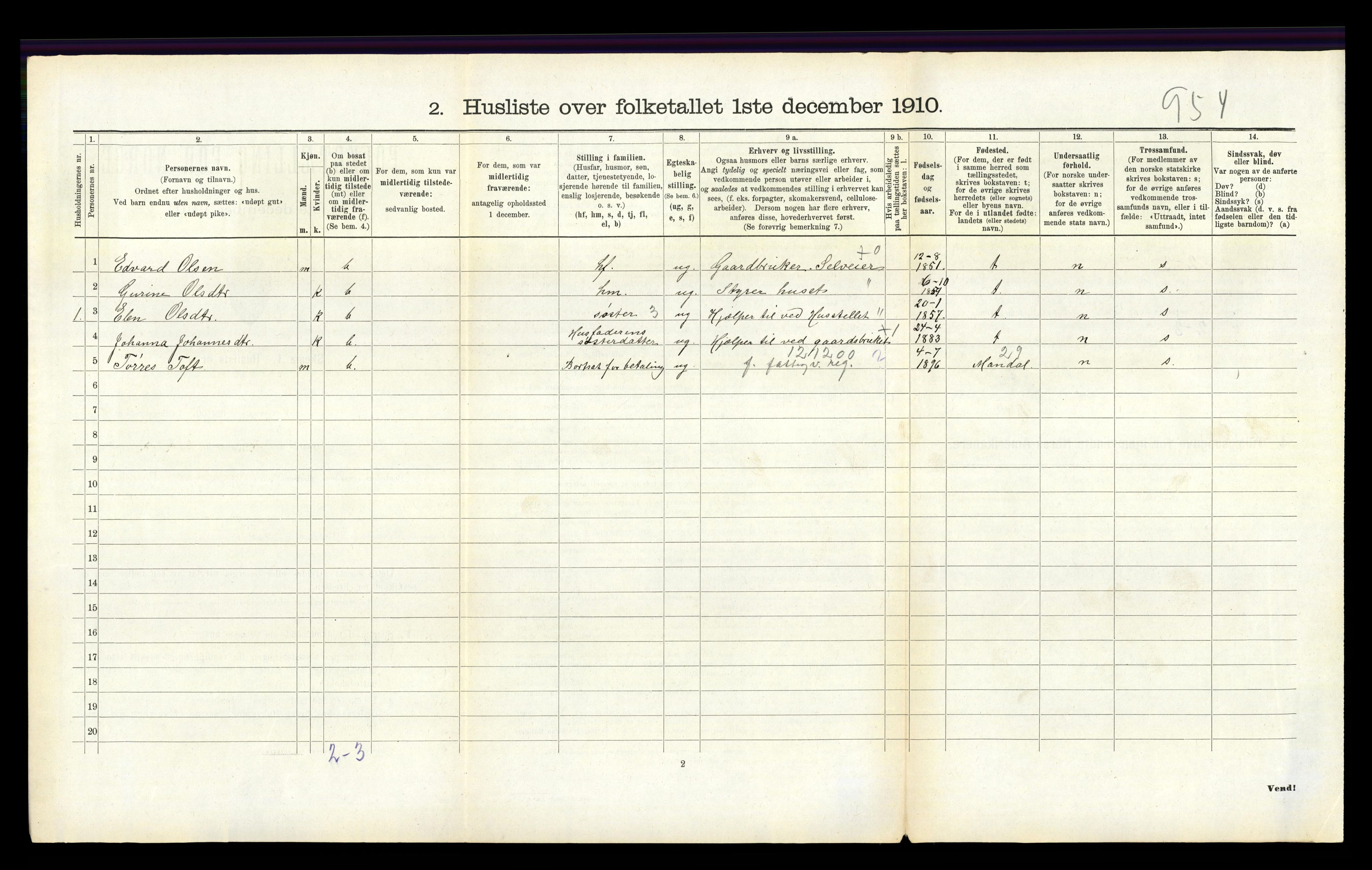 RA, Folketelling 1910 for 1020 Holum herred, 1910, s. 507