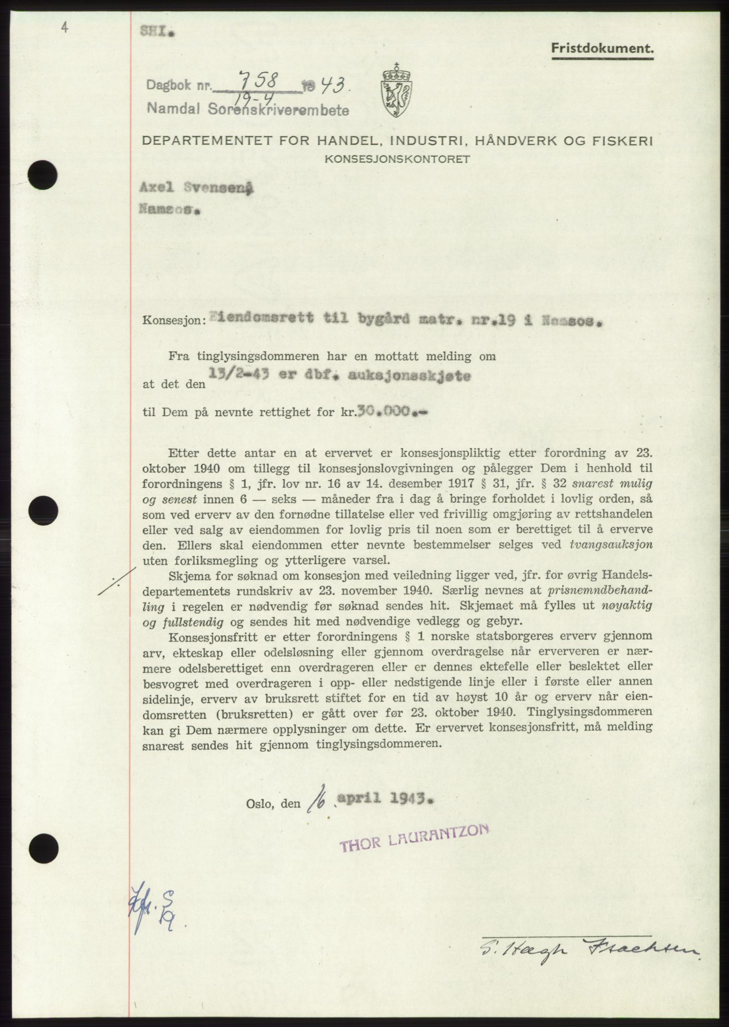 Namdal sorenskriveri, SAT/A-4133/1/2/2C: Pantebok nr. -, 1942-1943, Dagboknr: 758/1943