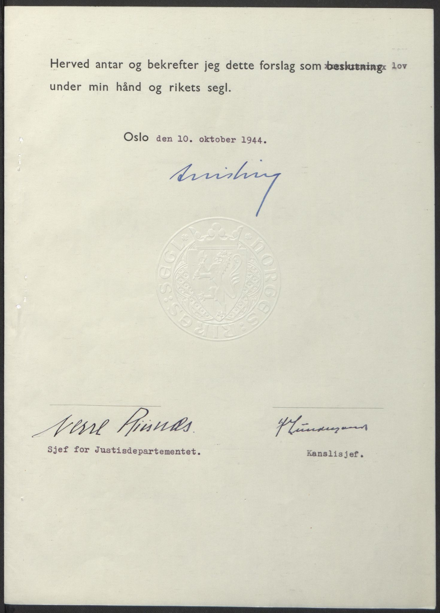 NS-administrasjonen 1940-1945 (Statsrådsekretariatet, de kommisariske statsråder mm), RA/S-4279/D/Db/L0100: Lover, 1944, s. 492