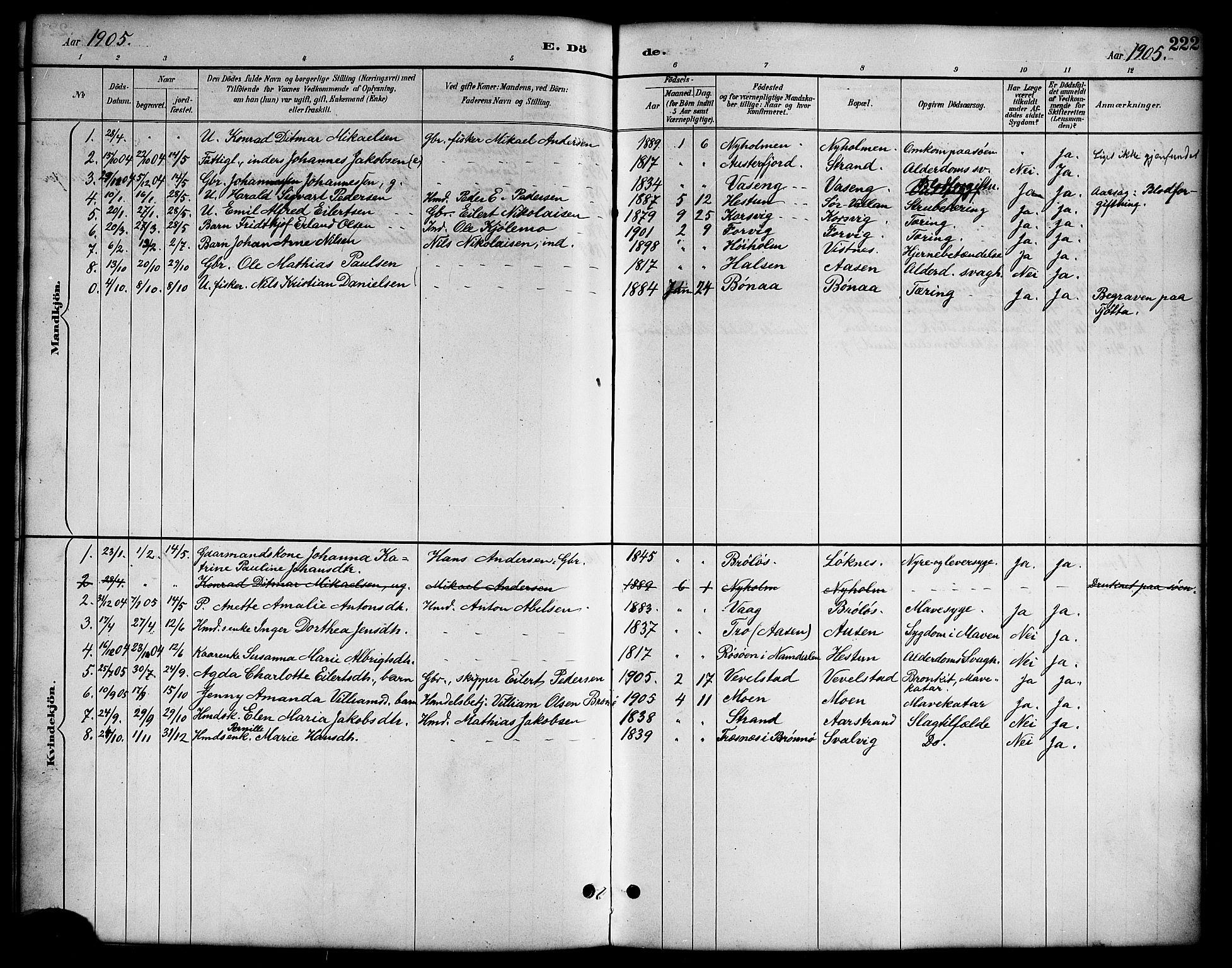 Ministerialprotokoller, klokkerbøker og fødselsregistre - Nordland, SAT/A-1459/819/L0277: Klokkerbok nr. 819C03, 1888-1917, s. 222