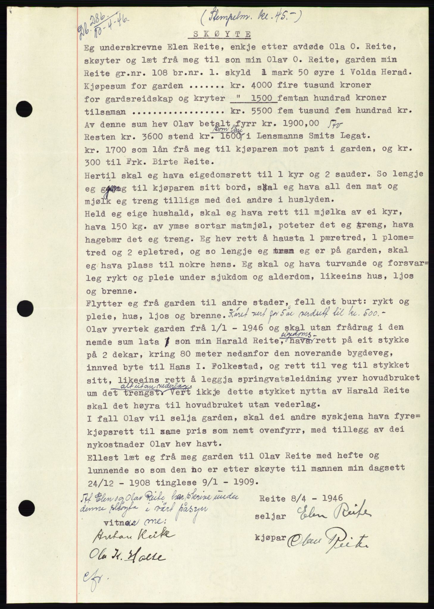 Søre Sunnmøre sorenskriveri, SAT/A-4122/1/2/2C/L0078: Pantebok nr. 4A, 1946-1946, Dagboknr: 286/1946