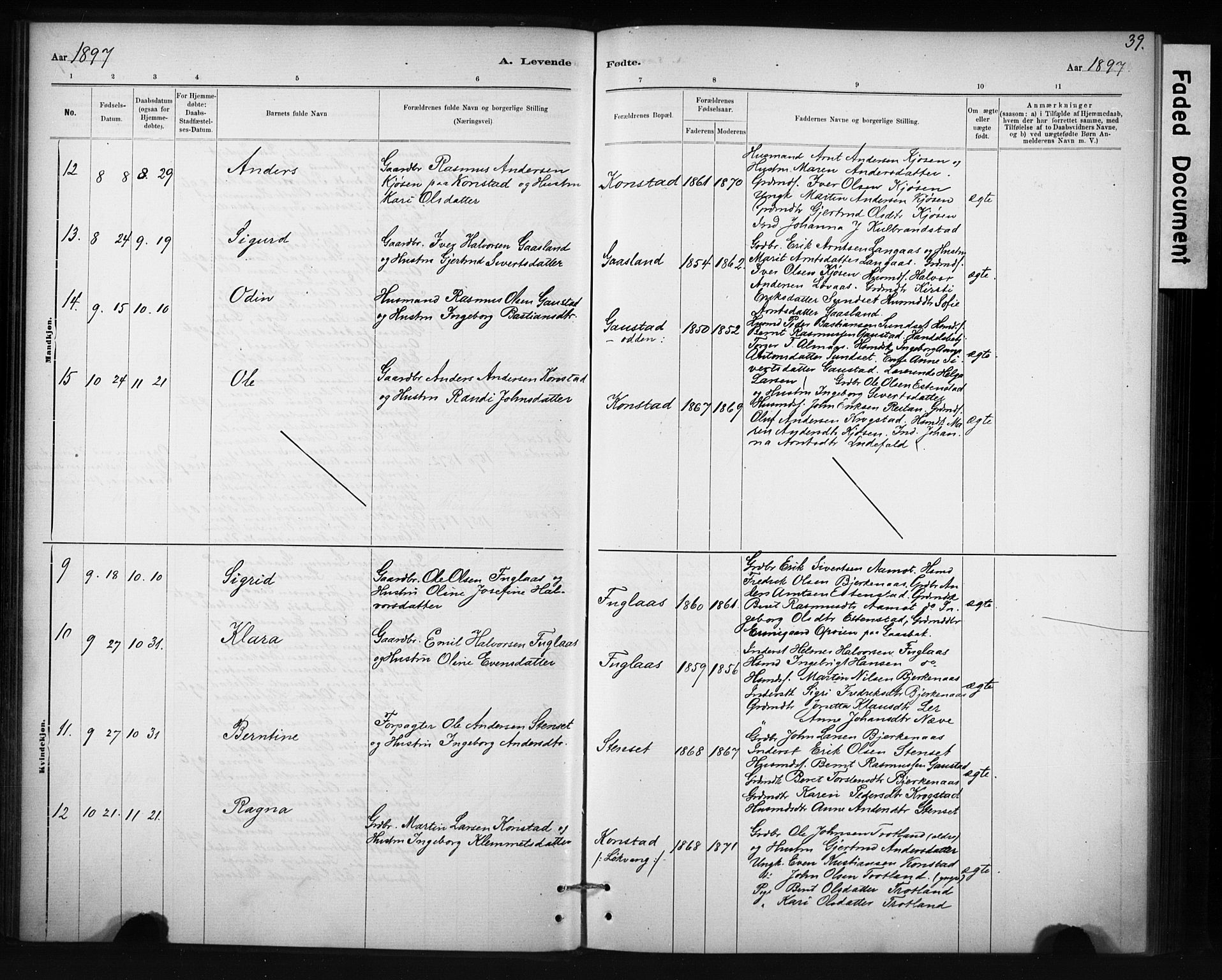 Ministerialprotokoller, klokkerbøker og fødselsregistre - Sør-Trøndelag, SAT/A-1456/694/L1127: Ministerialbok nr. 694A01, 1887-1905, s. 39