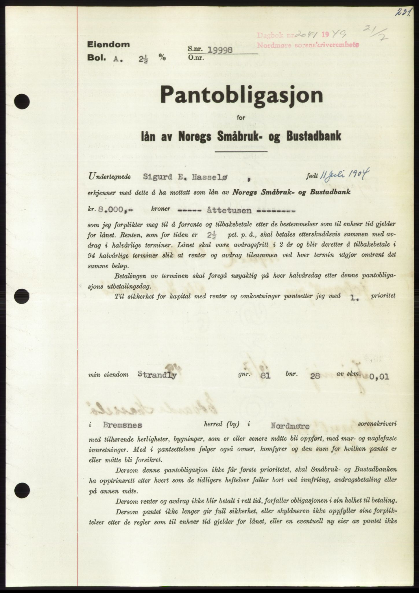 Nordmøre sorenskriveri, SAT/A-4132/1/2/2Ca: Pantebok nr. B102, 1949-1949, Dagboknr: 2041/1949