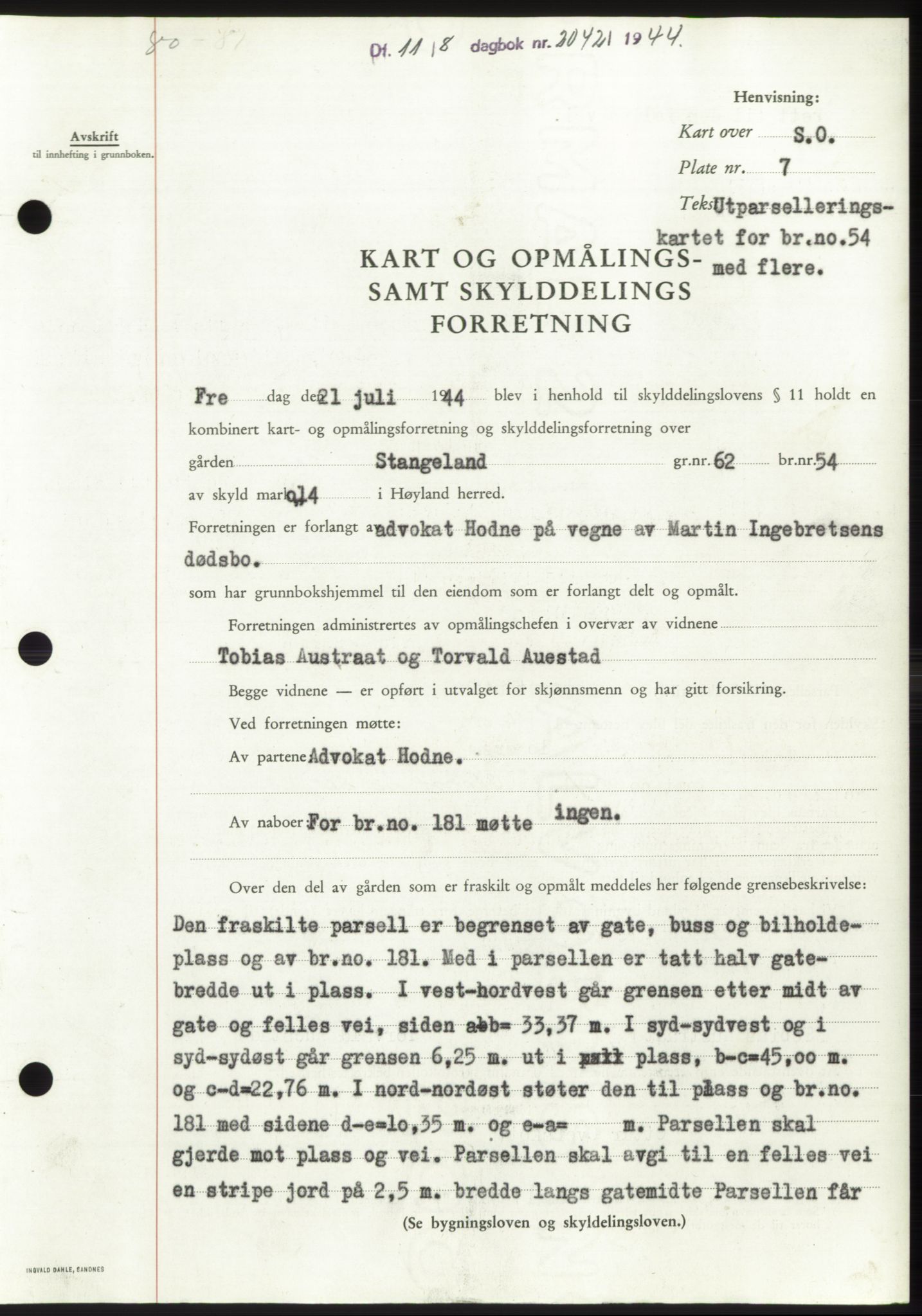 Jæren sorenskriveri, SAST/A-100310/03/G/Gba/L0087: Pantebok, 1944-1945, Dagboknr: 2042/1944
