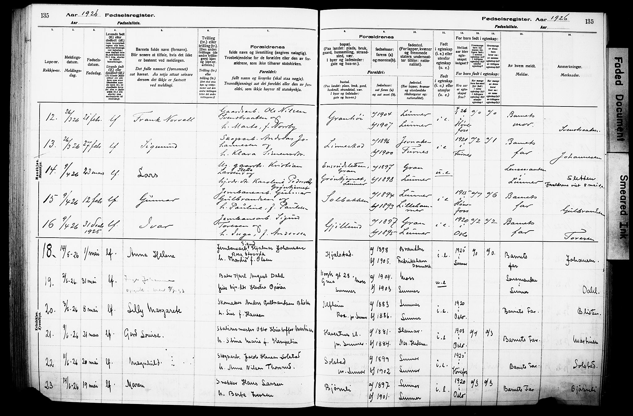 Lunner prestekontor, SAH/PREST-118/I/Id/L0001: Fødselsregister nr. 1, 1916-1932, s. 135