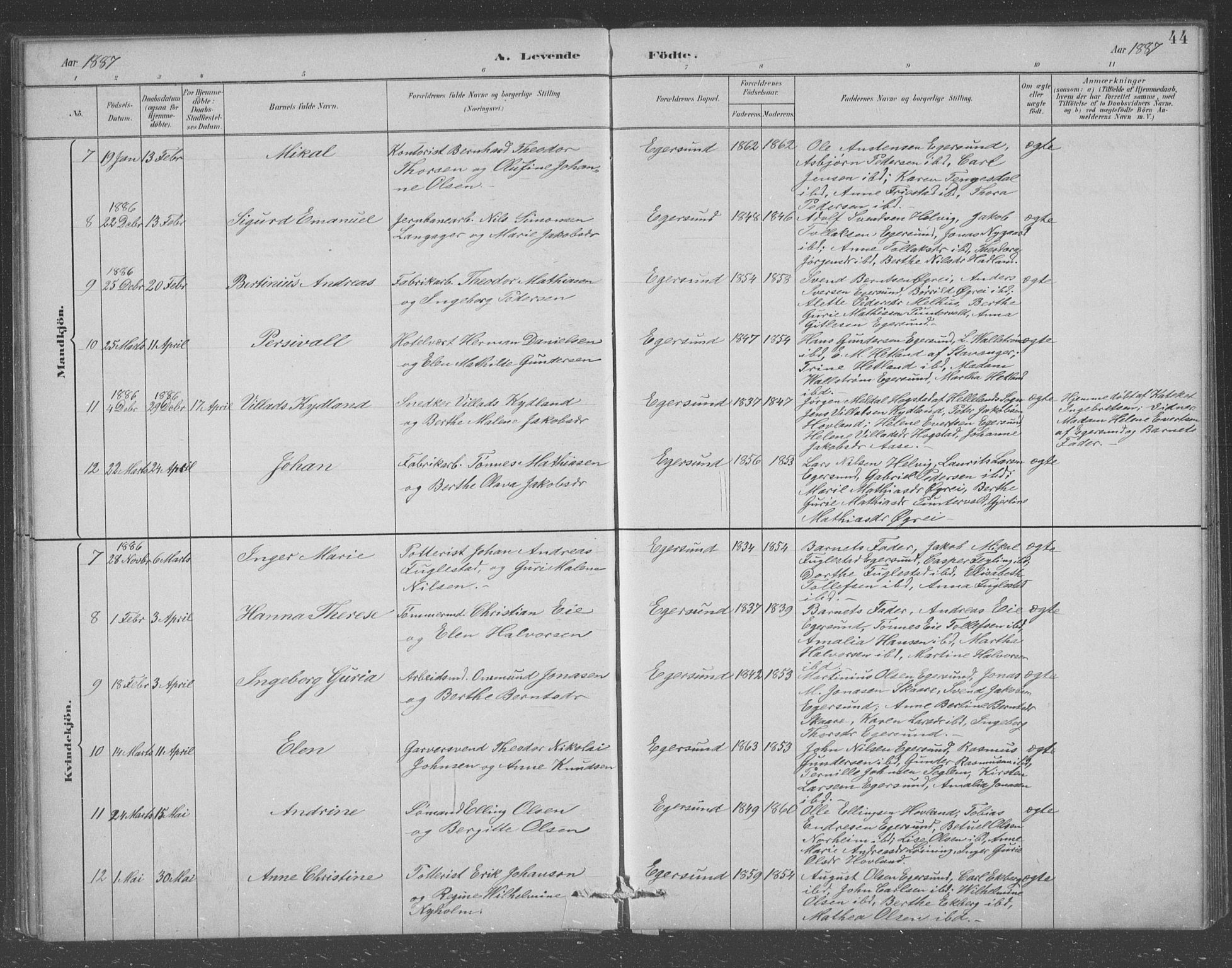 Eigersund sokneprestkontor, AV/SAST-A-101807/S09/L0008: Klokkerbok nr. B 8, 1882-1892, s. 44