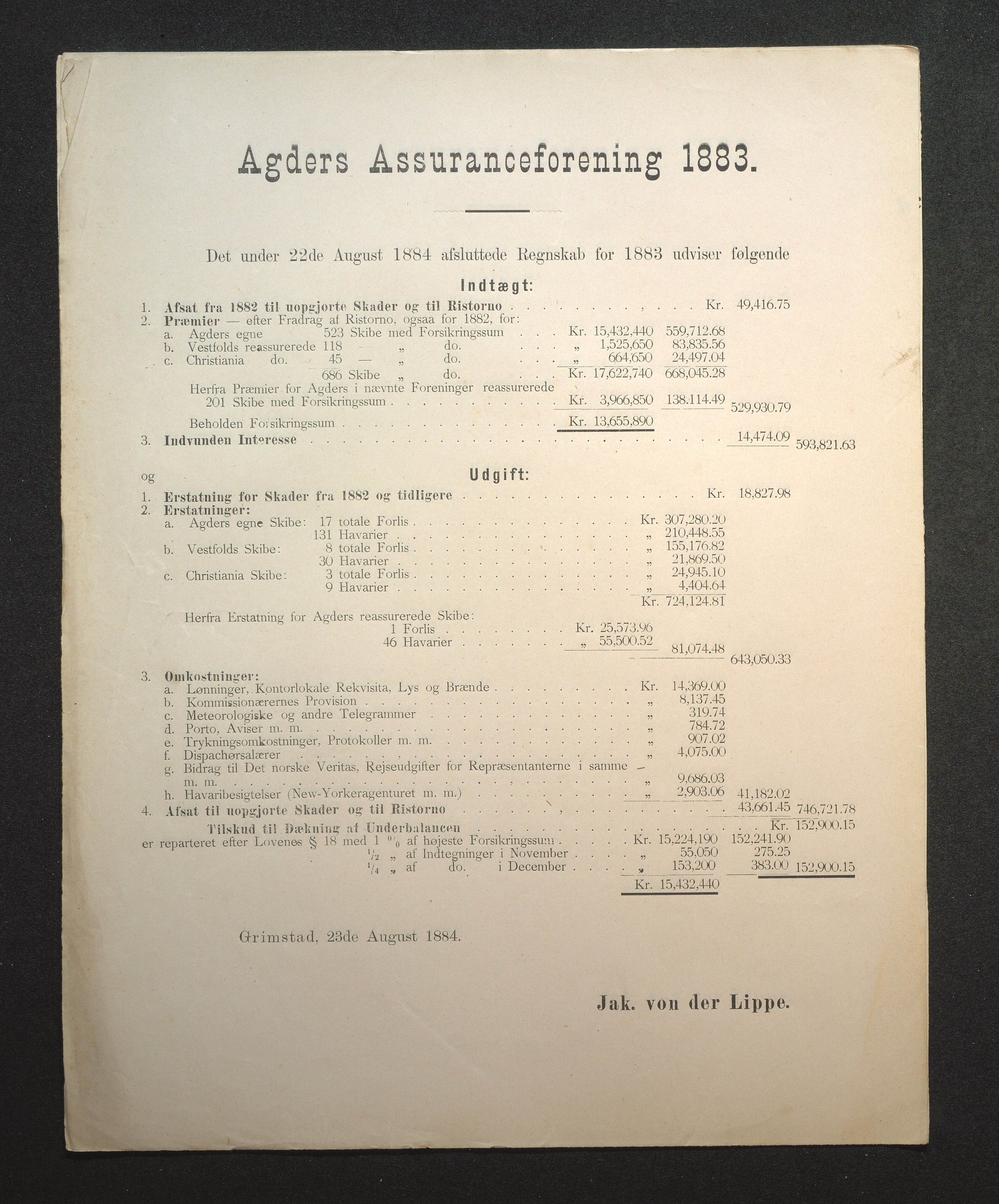 Agders Gjensidige Assuranceforening, AAKS/PA-1718/05/L0002: Regnskap, seilavdeling, pakkesak, 1881-1889