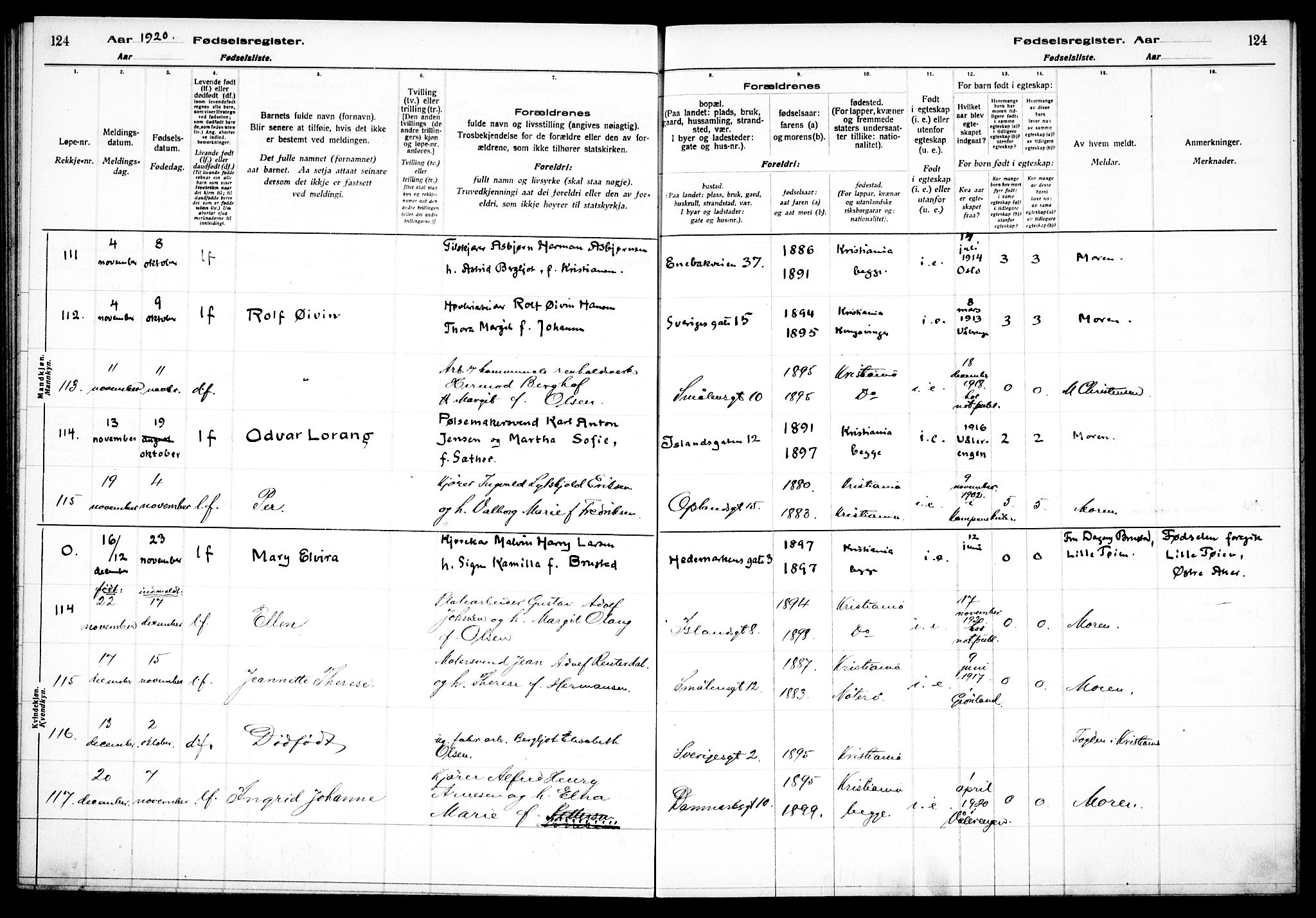 Vålerengen prestekontor Kirkebøker, AV/SAO-A-10878/J/Ja/L0001: Fødselsregister nr. 1, 1916-1924, s. 124