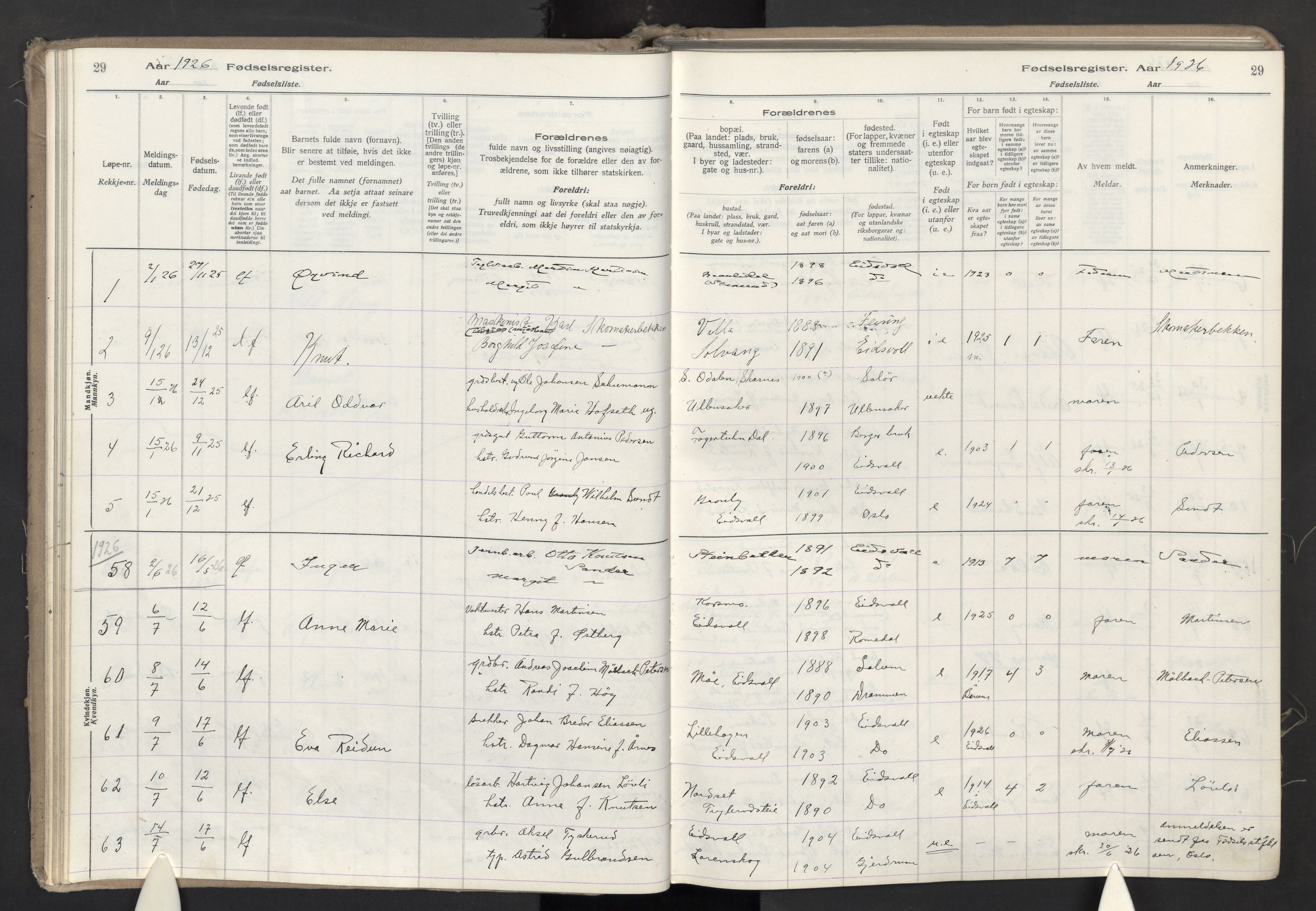 Eidsvoll prestekontor Kirkebøker, AV/SAO-A-10888/J/Ja/L0002: Fødselsregister nr. I 2, 1924-1937, s. 29