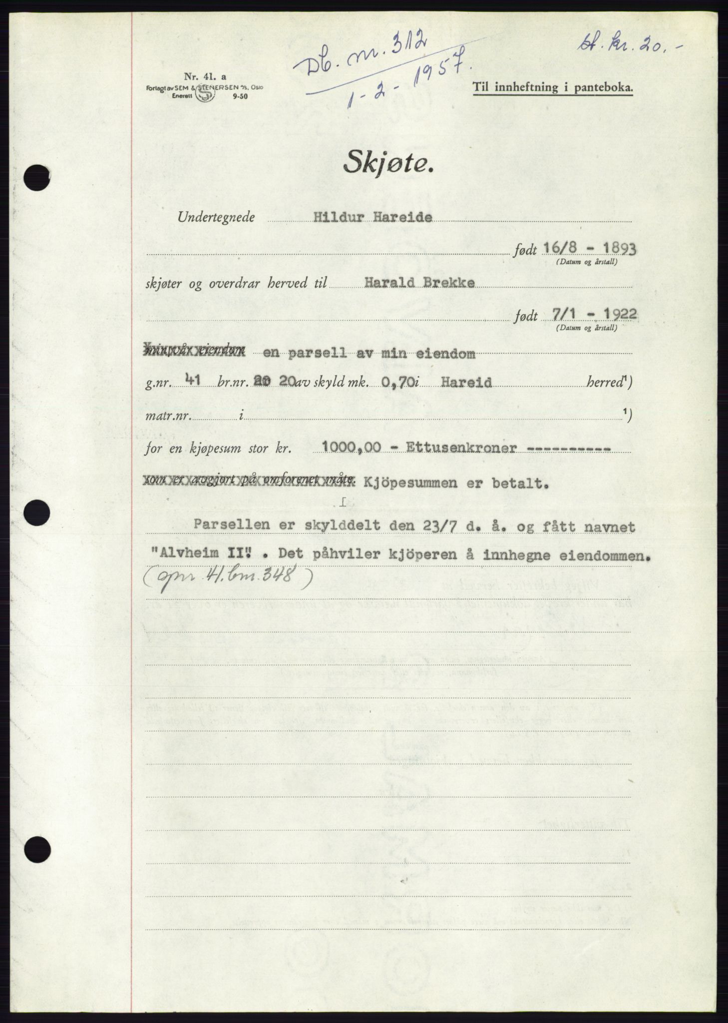 Søre Sunnmøre sorenskriveri, SAT/A-4122/1/2/2C/L0105: Pantebok nr. 31A, 1956-1957, Dagboknr: 312/1957